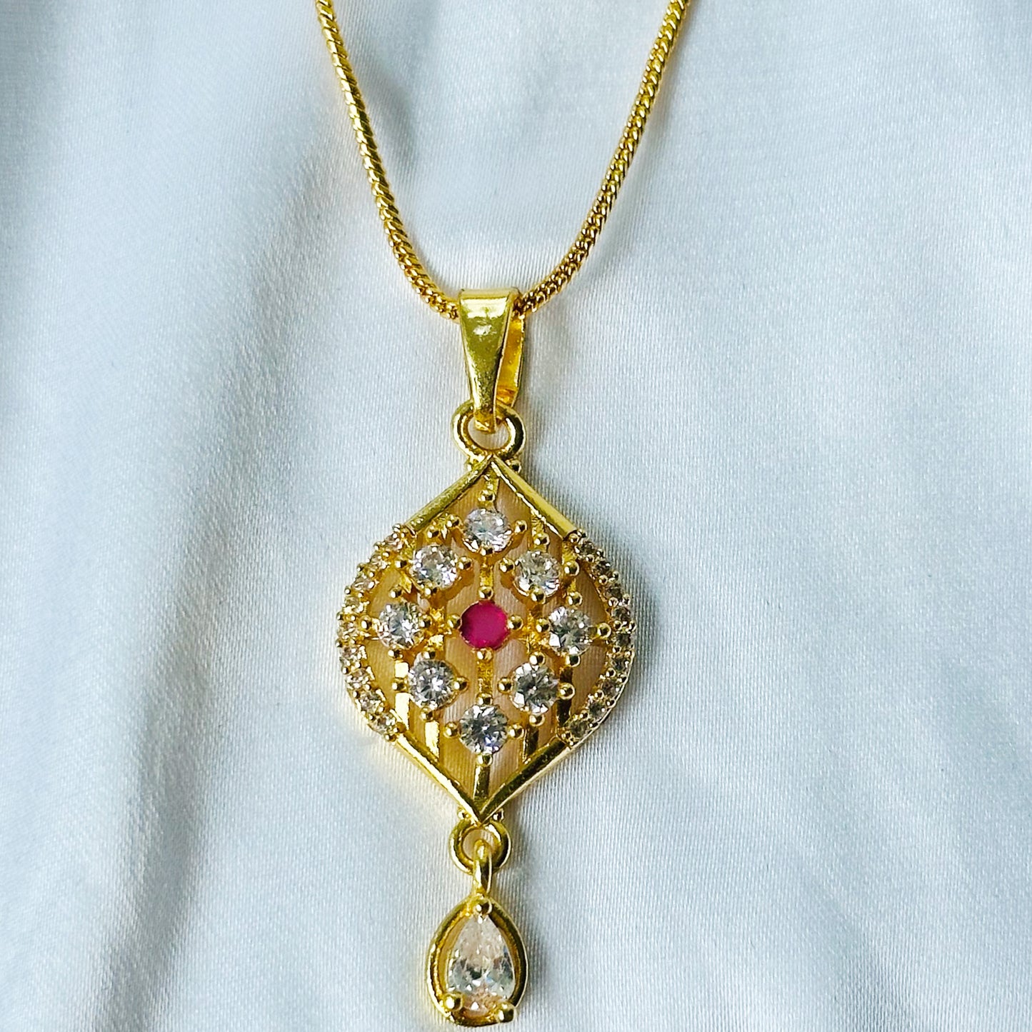 Red Ruby & Solitaire Cubic Zirconia American Diamond 1 Micron Gold Plated Pendant Set