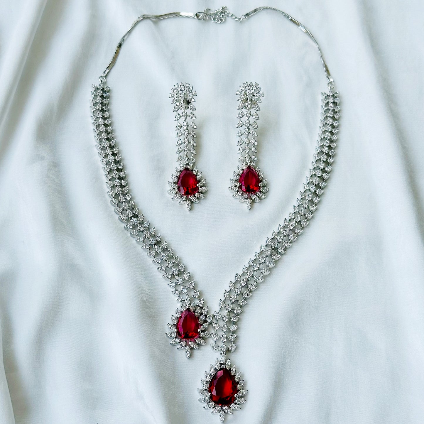 Red Ruby Cubic Zircon American Diamond Silver Plated Necklace Set