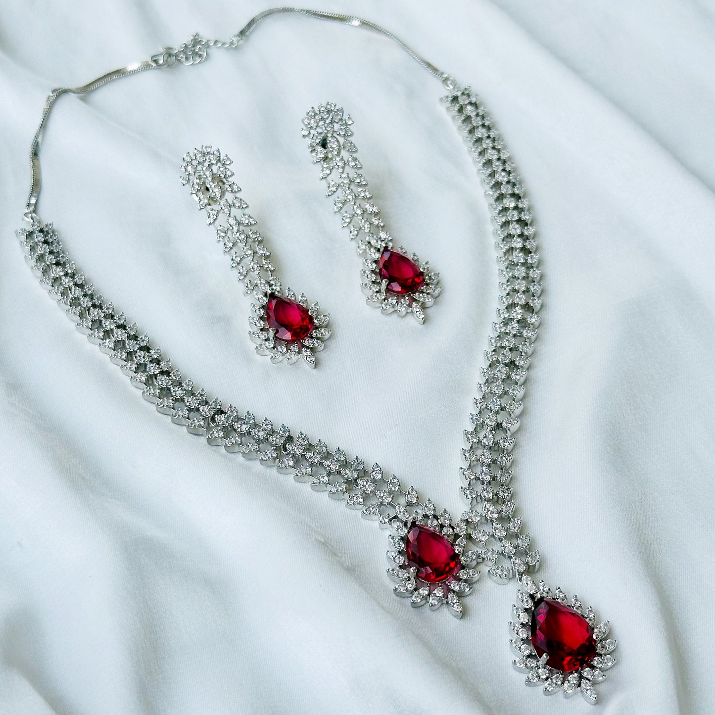Red Ruby Cubic Zircon American Diamond Silver Plated Necklace Set