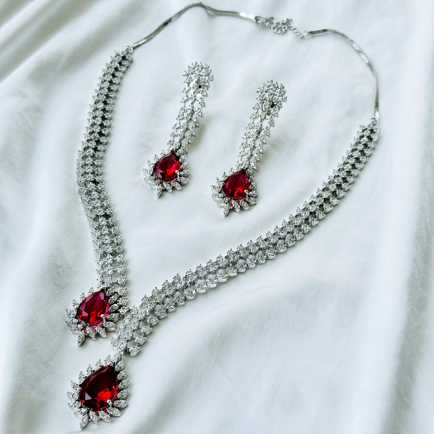 Red Ruby Cubic Zircon American Diamond Silver Plated Necklace Set