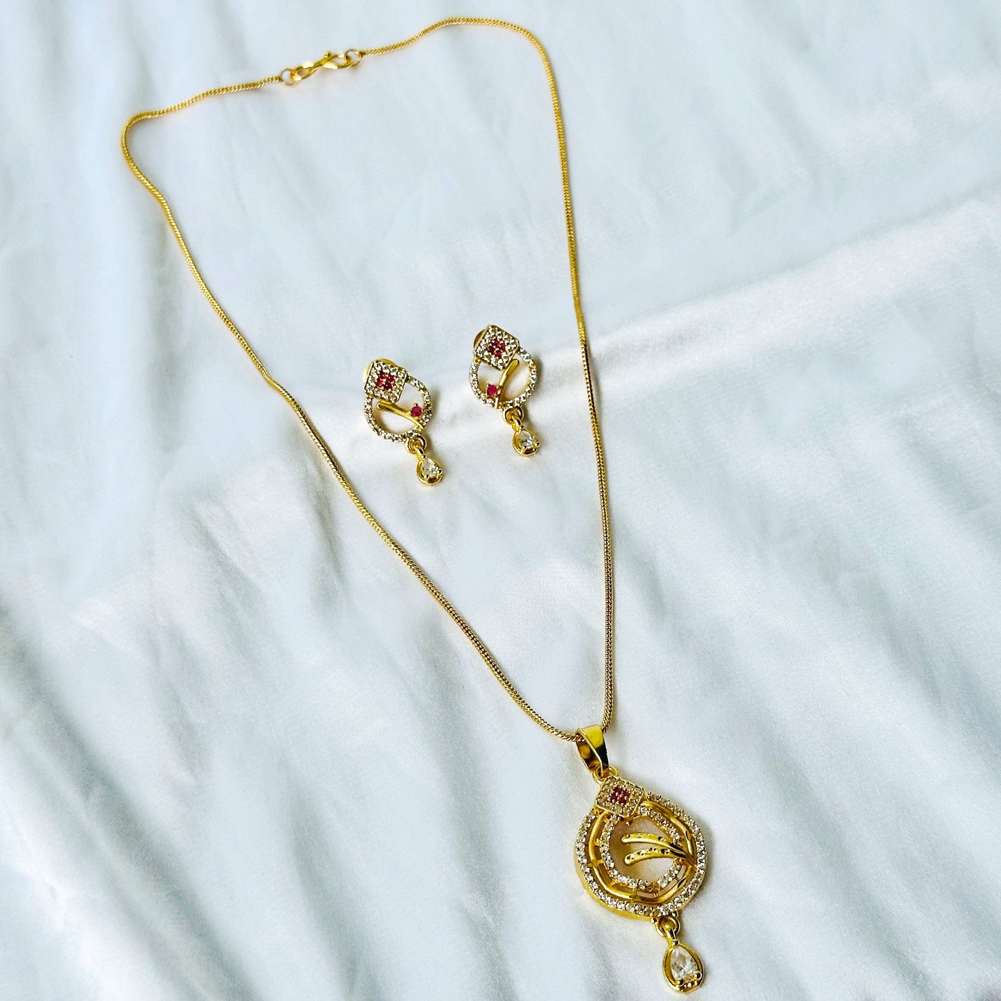 Drop Design American Diamond 1 Micron Gold Plated Pendant Set