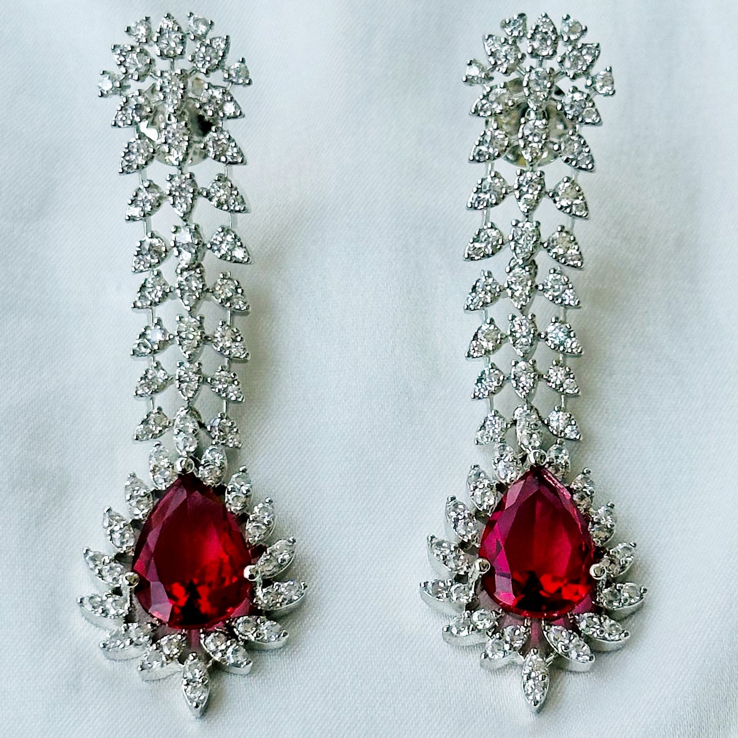 Red Ruby Cubic Zircon American Diamond Silver Plated Necklace Set