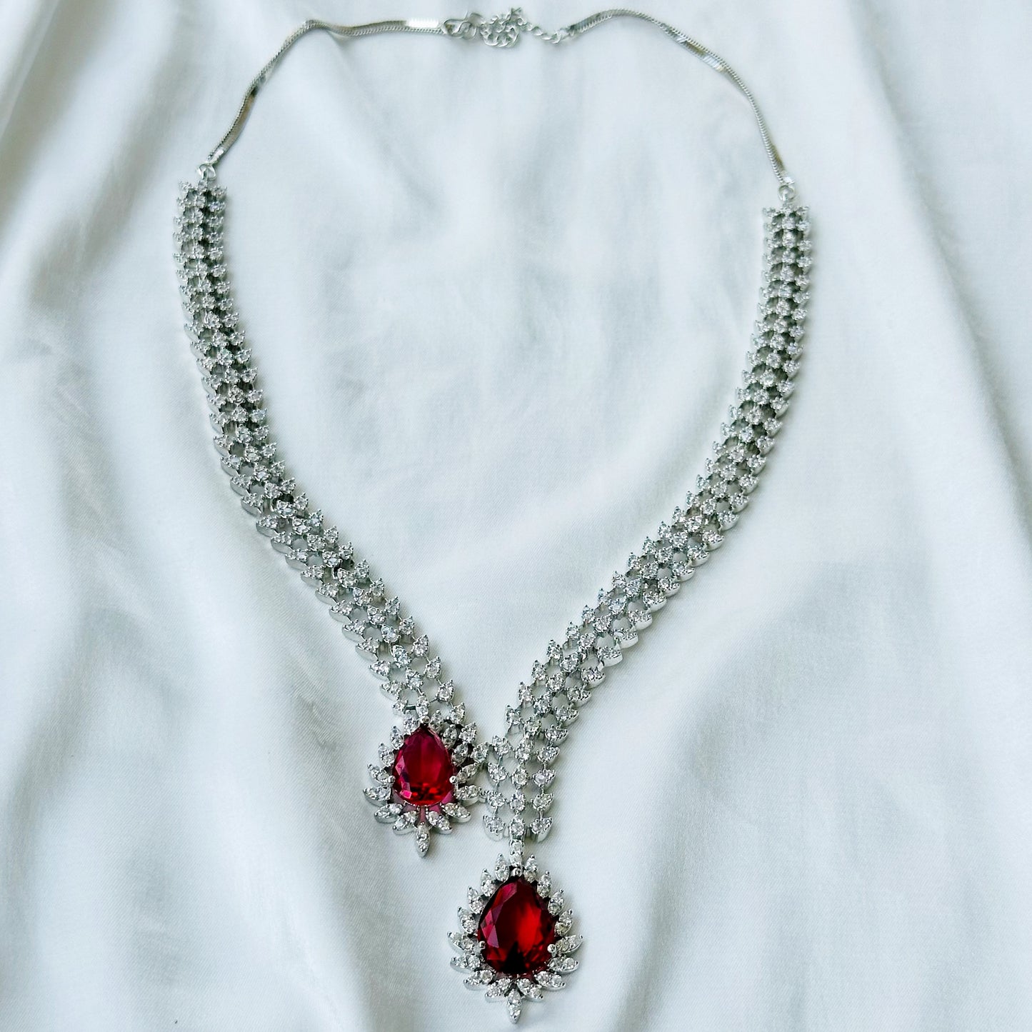 Red Ruby Cubic Zircon American Diamond Silver Plated Necklace Set