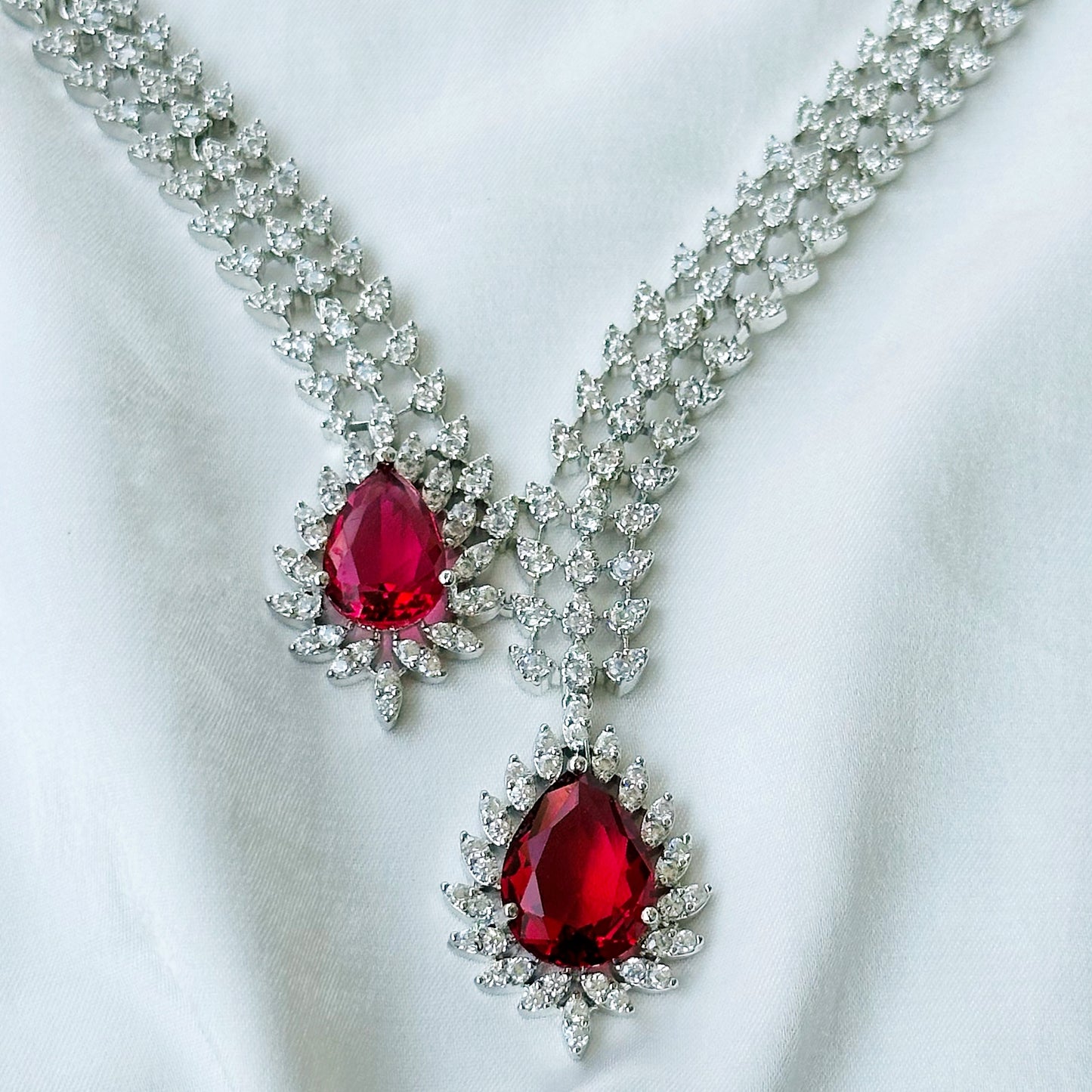 Red Ruby Cubic Zircon American Diamond Silver Plated Necklace Set