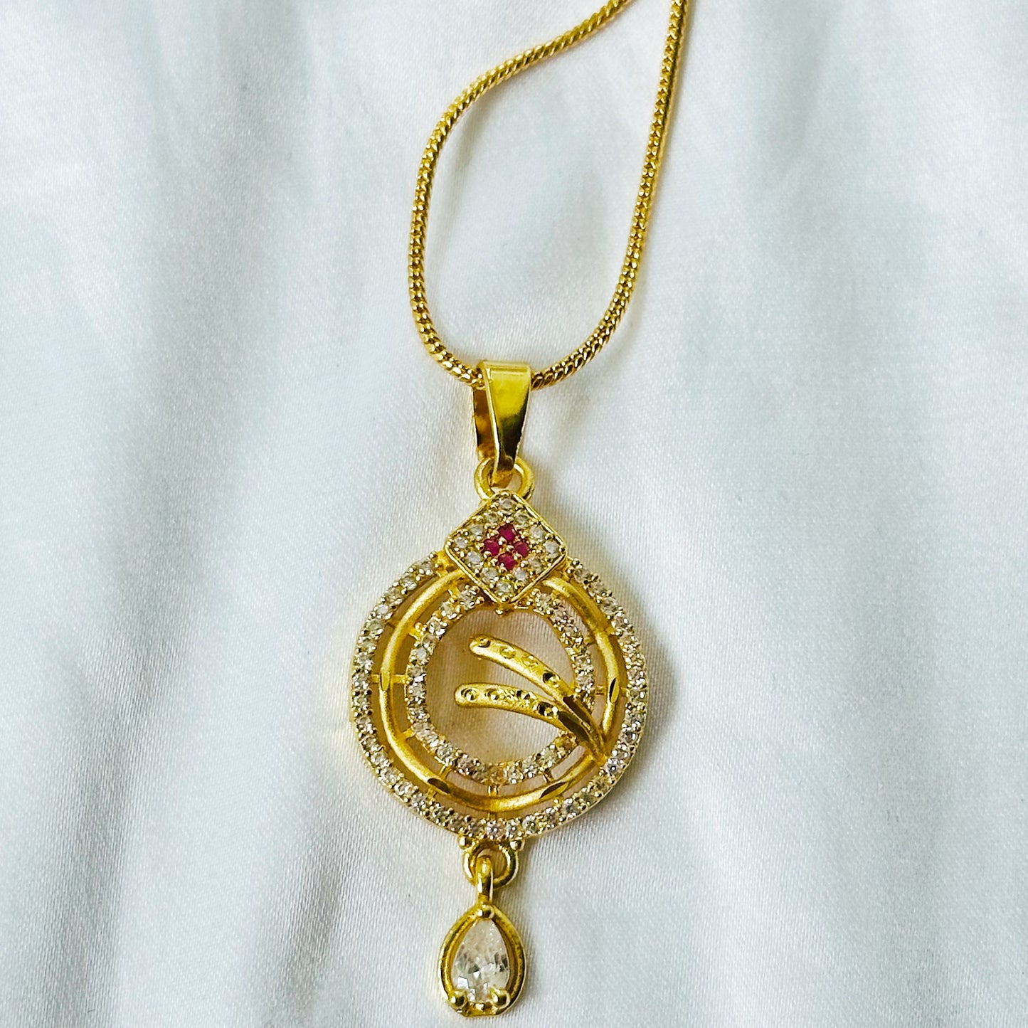 Red Ruby & Solitaire Cubic Zirconia American Diamond 1 Micron Gold Plated Pendant Set