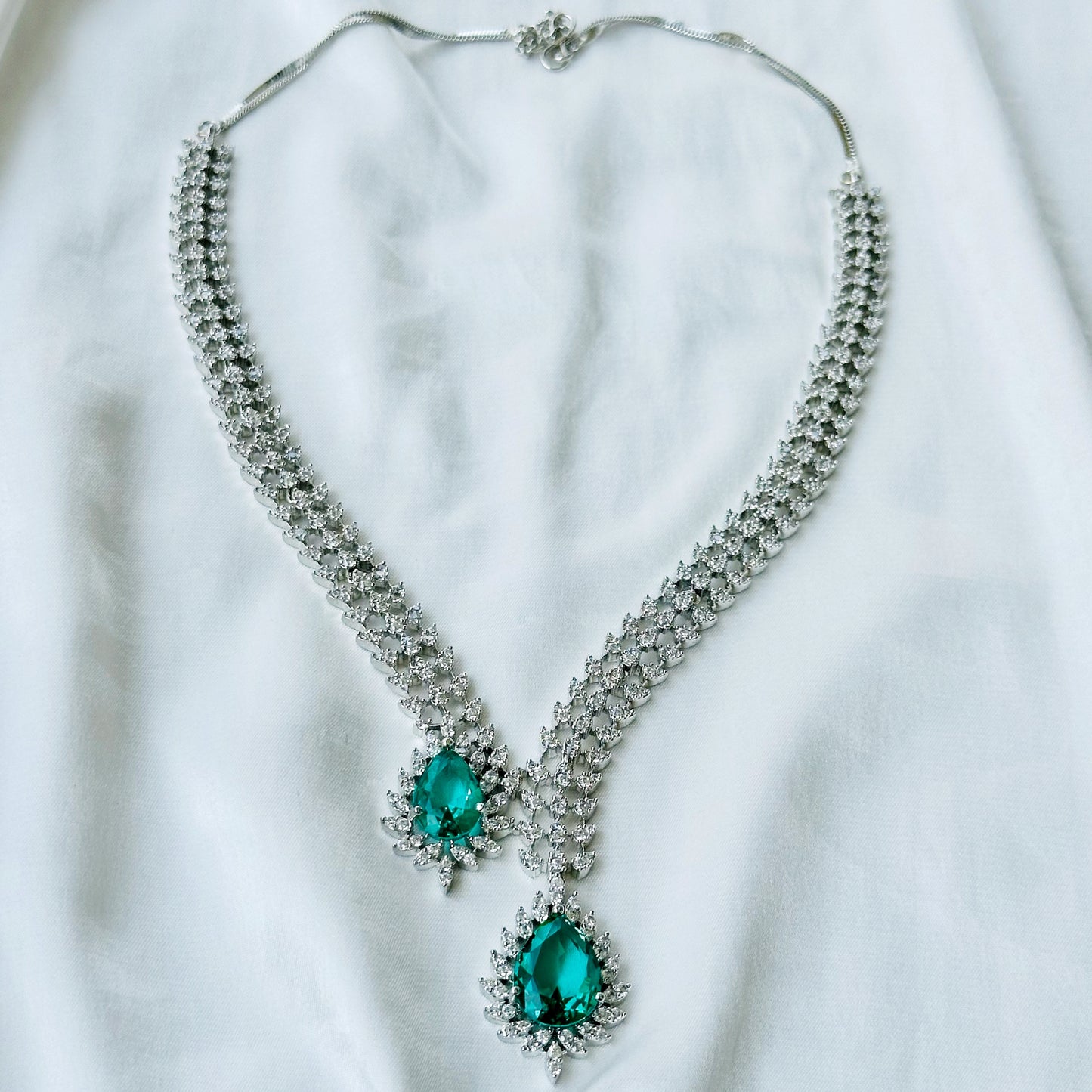 Sea Green Topaz Cubic Zircon American Diamond Silver Plated Necklace Set