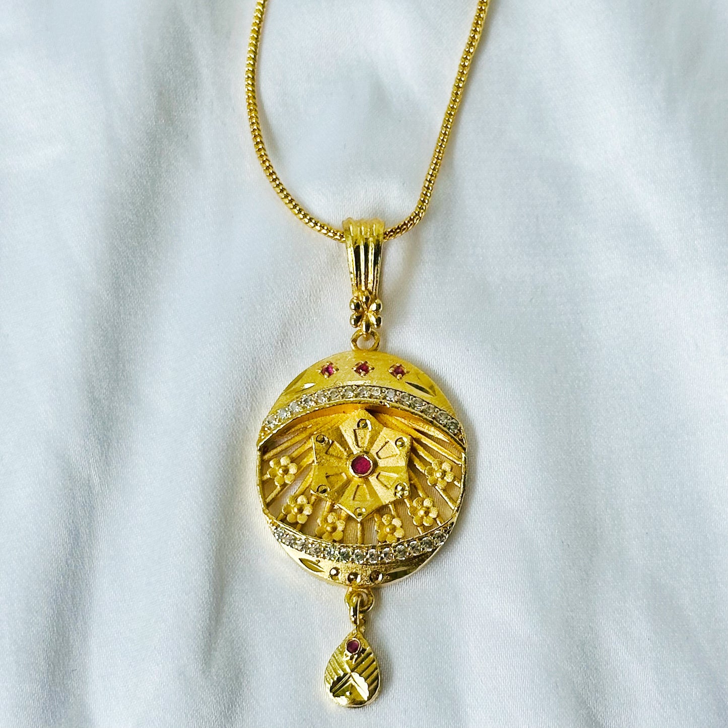 Red Ruby & Solitaire Cubic Zirconia American Diamond 1 Micron Gold Plated Pendant Set