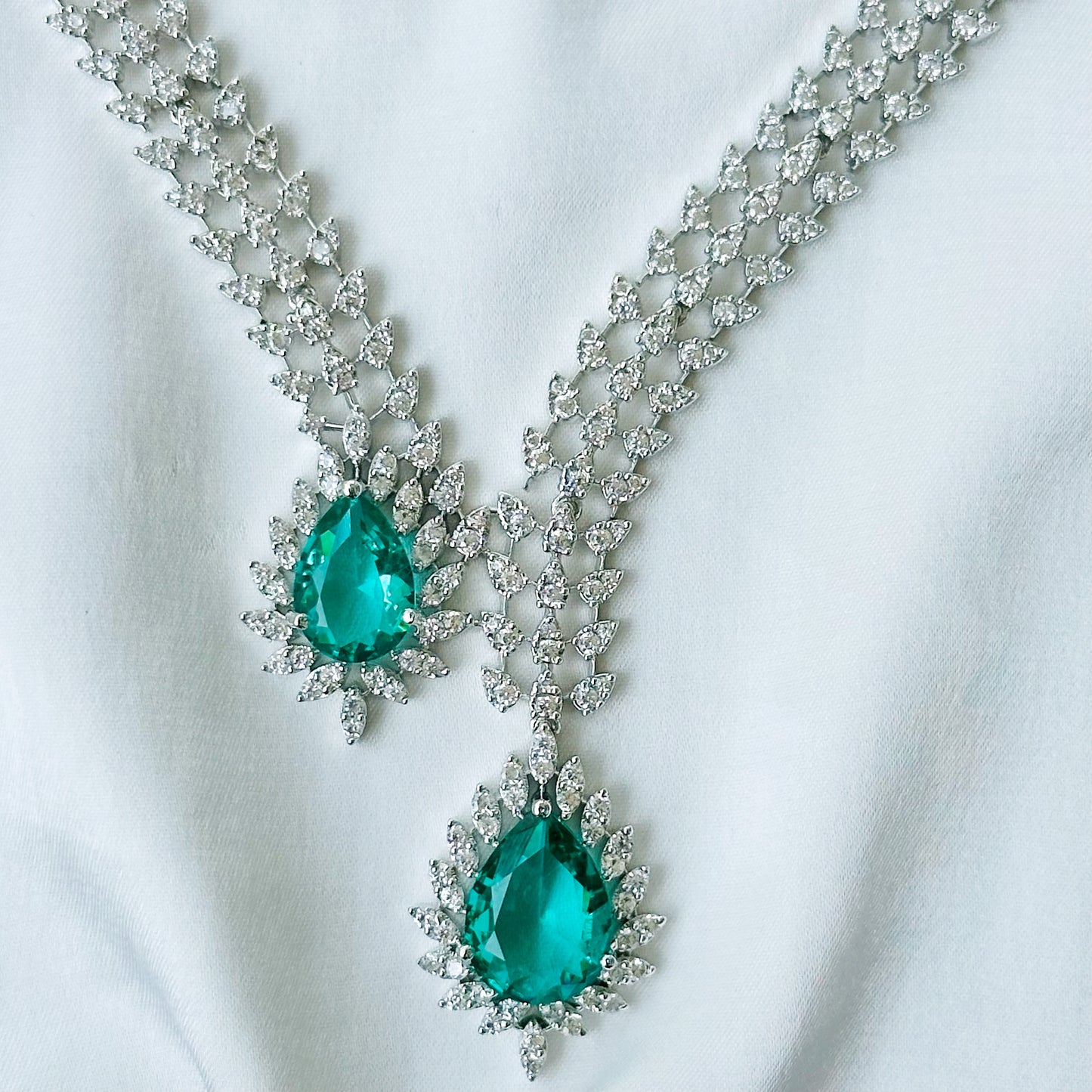 Sea Green Topaz Cubic Zirconia American Diamond Silver Plated Necklace Set