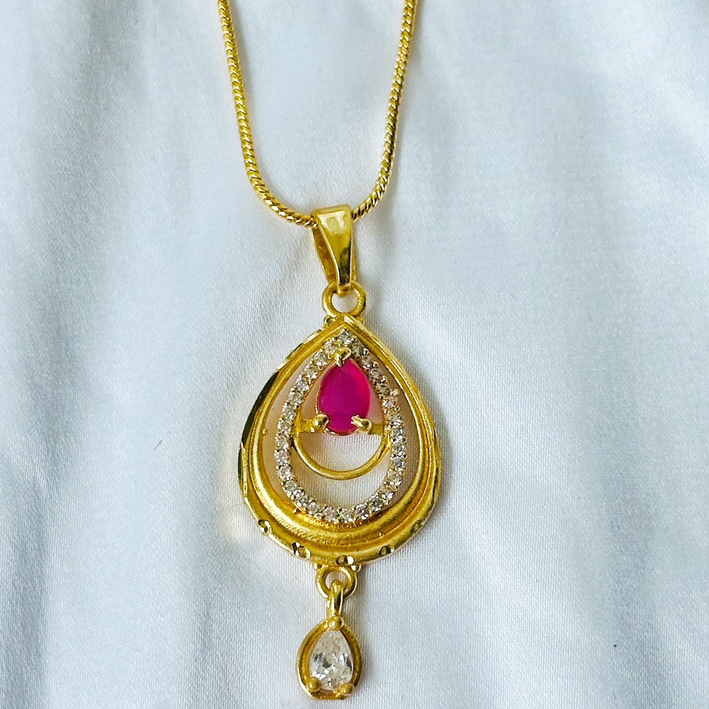 Red Ruby & Solitaire Cubic Zirconia American Diamond 1 Micron Gold Plated Pendant Set