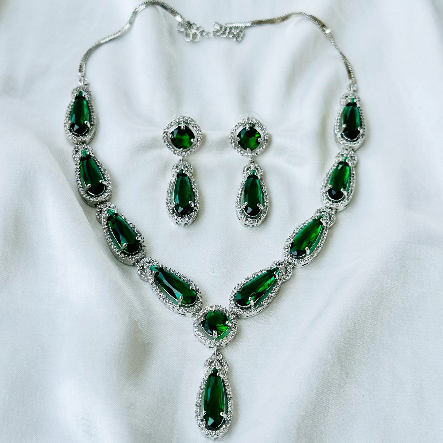 Green Emerald Cubic Zircon Stone American Diamond Silver Plated Necklace Set