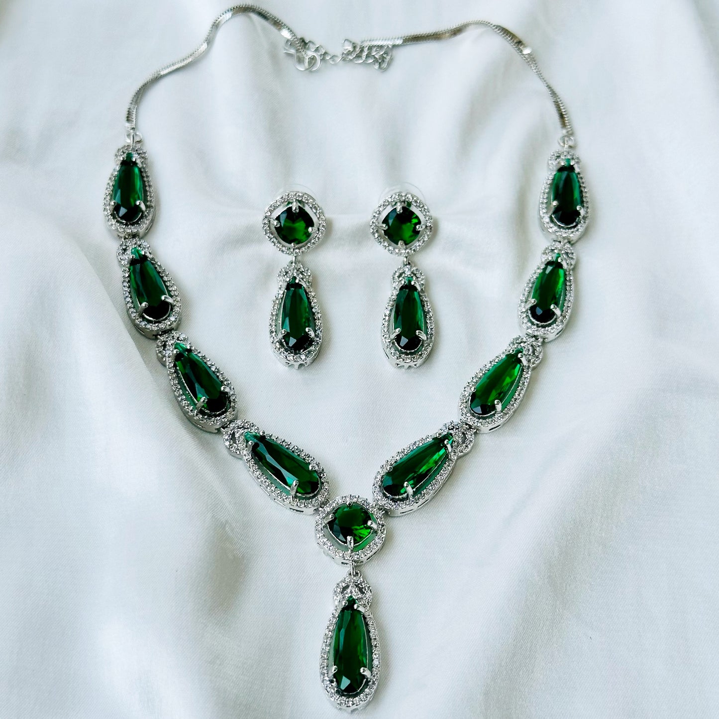 Green Emerald Cubic Zircon Stone American Diamond Silver Plated Necklace Set
