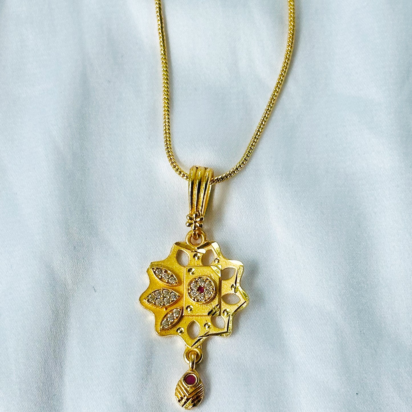Floral Design American Diamond 1 Micron Gold Plated Pendant Set