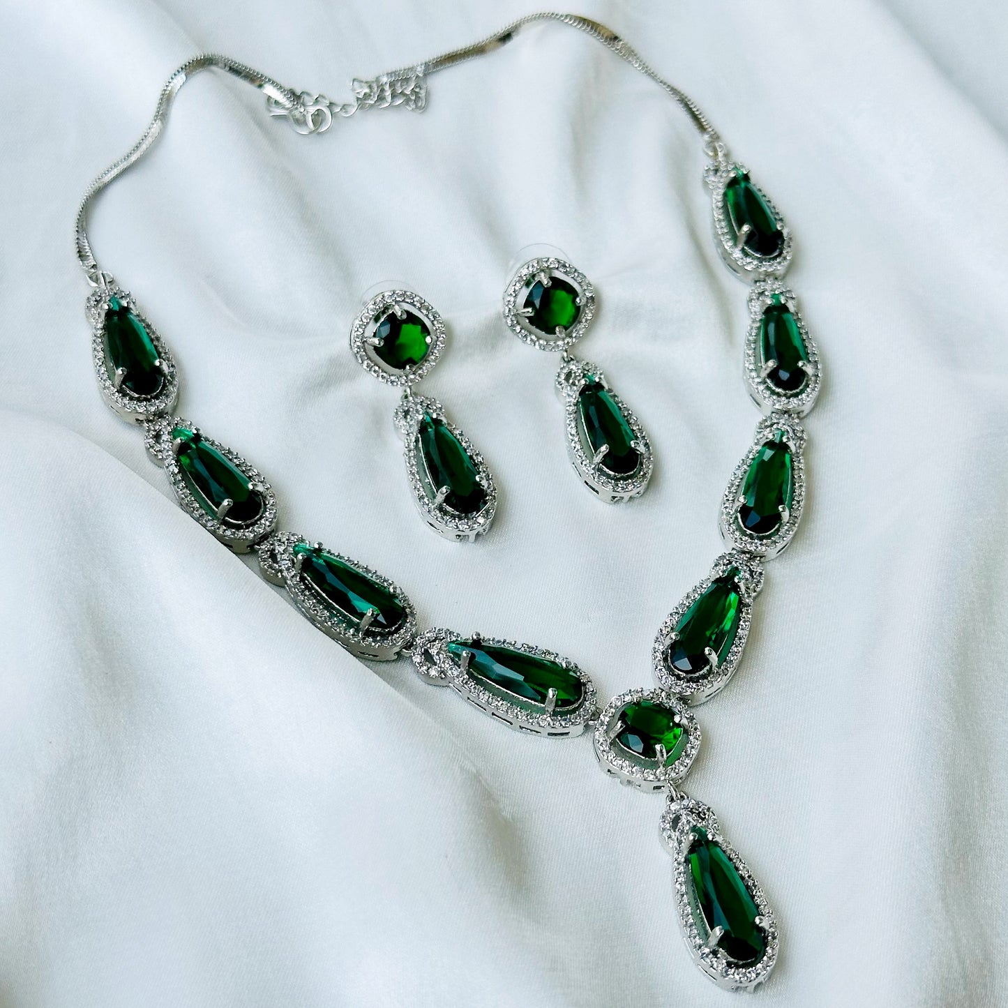Green Emerald Cubic Zircon Stone American Diamond Silver Plated Necklace Set