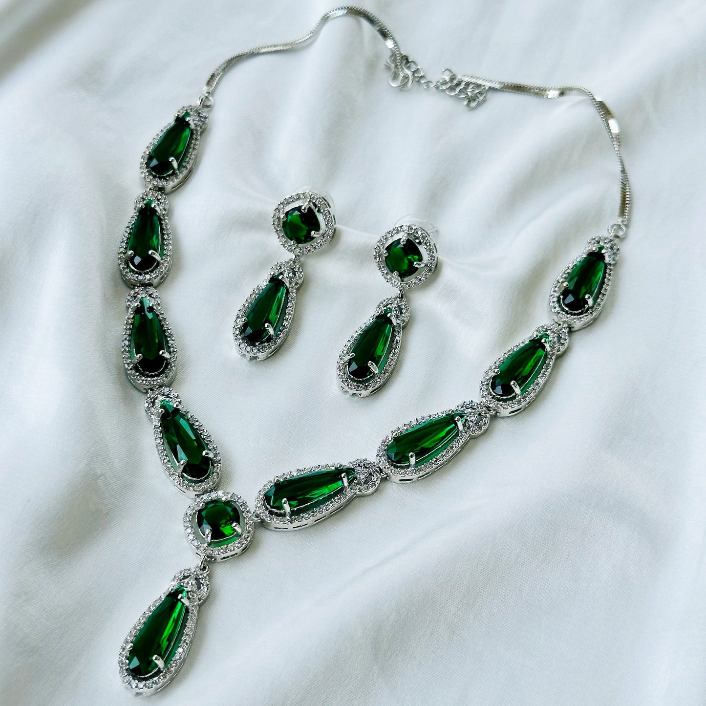 Green Emerald Cubic Zircon Stone American Diamond Silver Plated Necklace Set