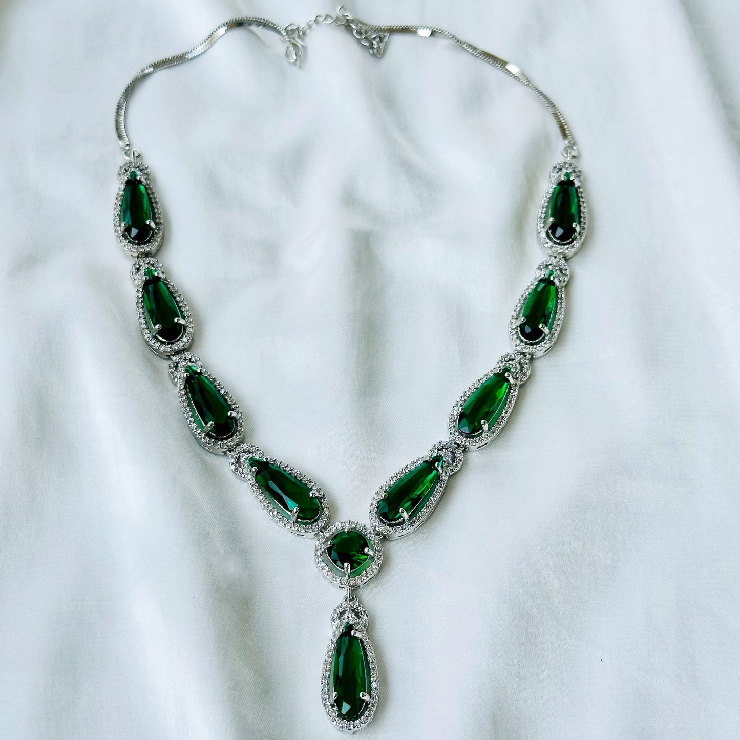 Green Emerald Cubic Zircon Stone American Diamond Silver Plated Necklace Set