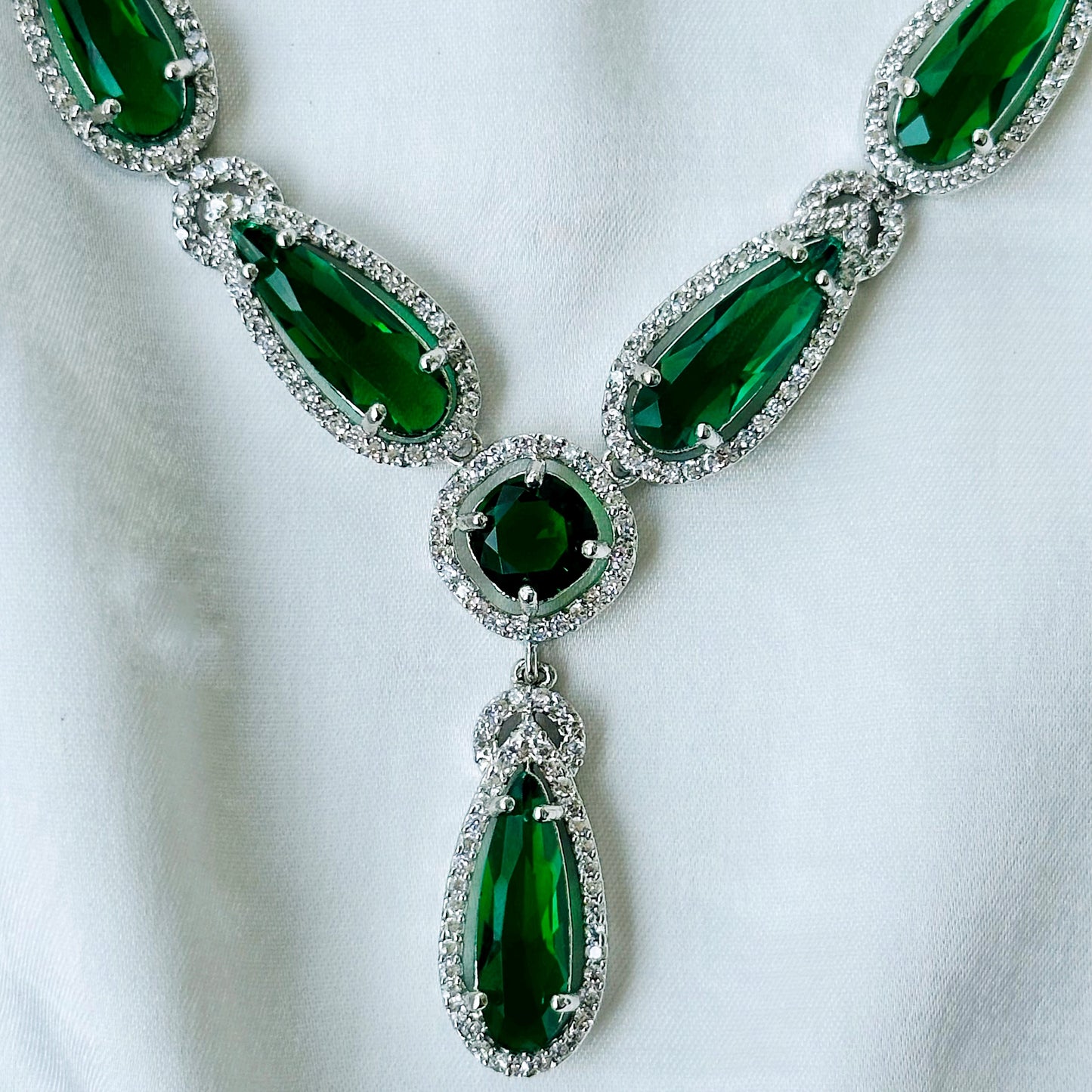 Green Emerald Cubic Zircon Stone American Diamond Silver Plated Necklace Set