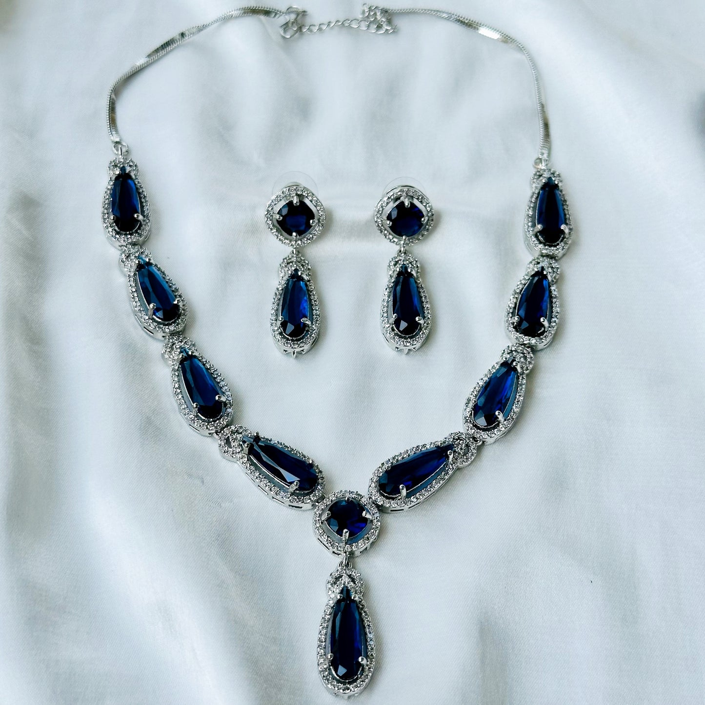 Blue Sapphire Cubic Zircon Stone American Diamond Silver Plated Necklace Set
