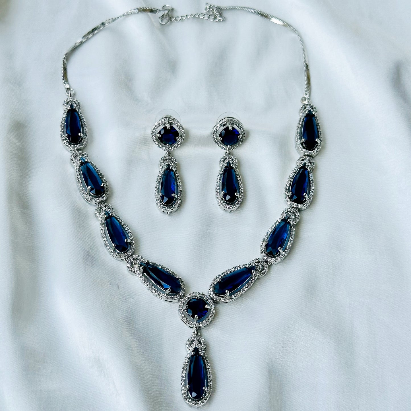 Blue Sapphire Cubic Zircon Stone American Diamond Silver Plated Necklace Set