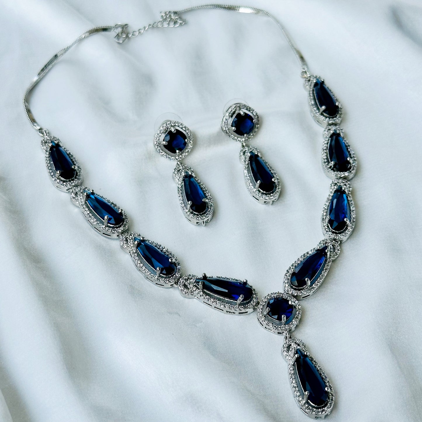 Blue Sapphire Cubic Zircon Stone American Diamond Silver Plated Necklace Set