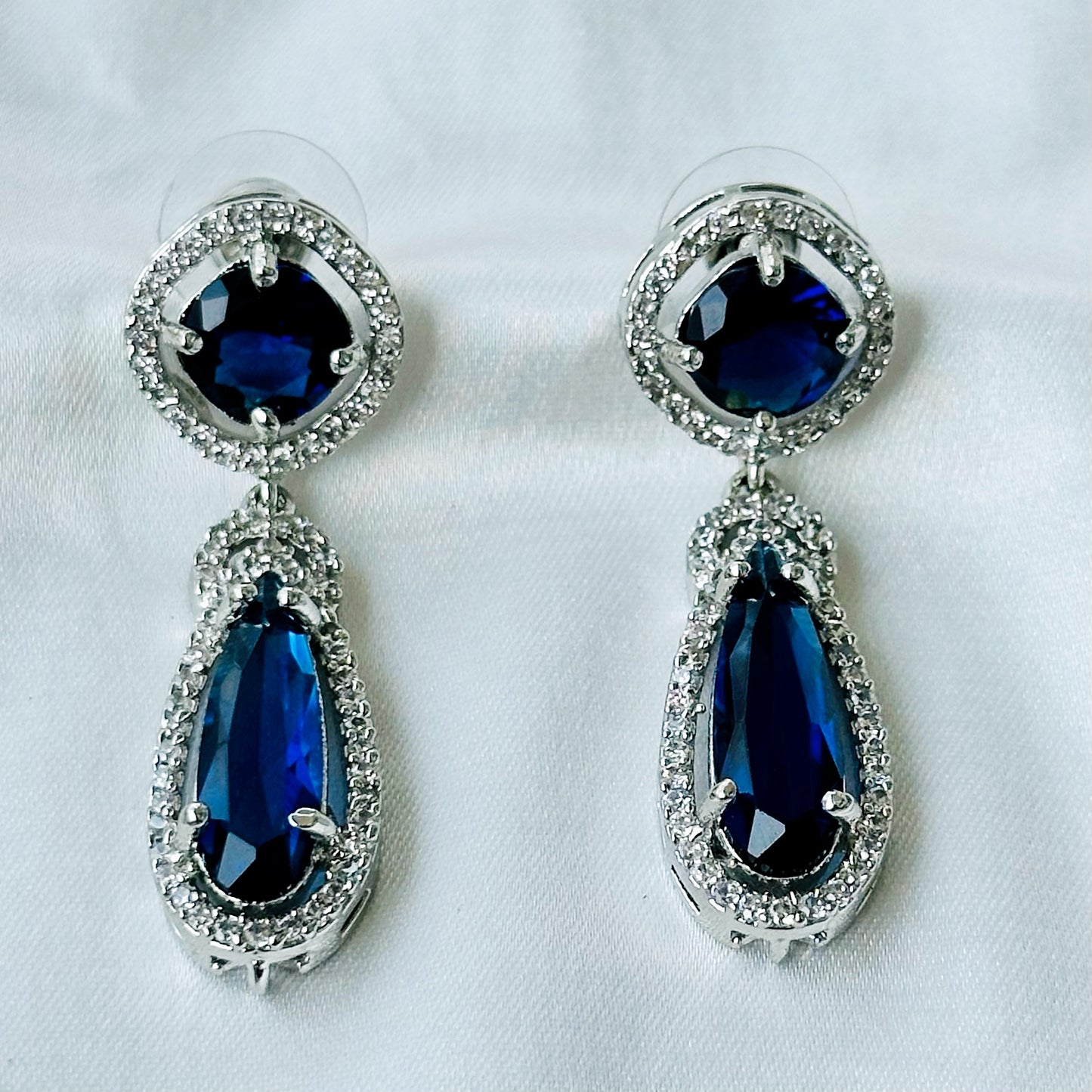 Blue Sapphire Cubic Zircon Stone American Diamond Silver Plated Necklace Set