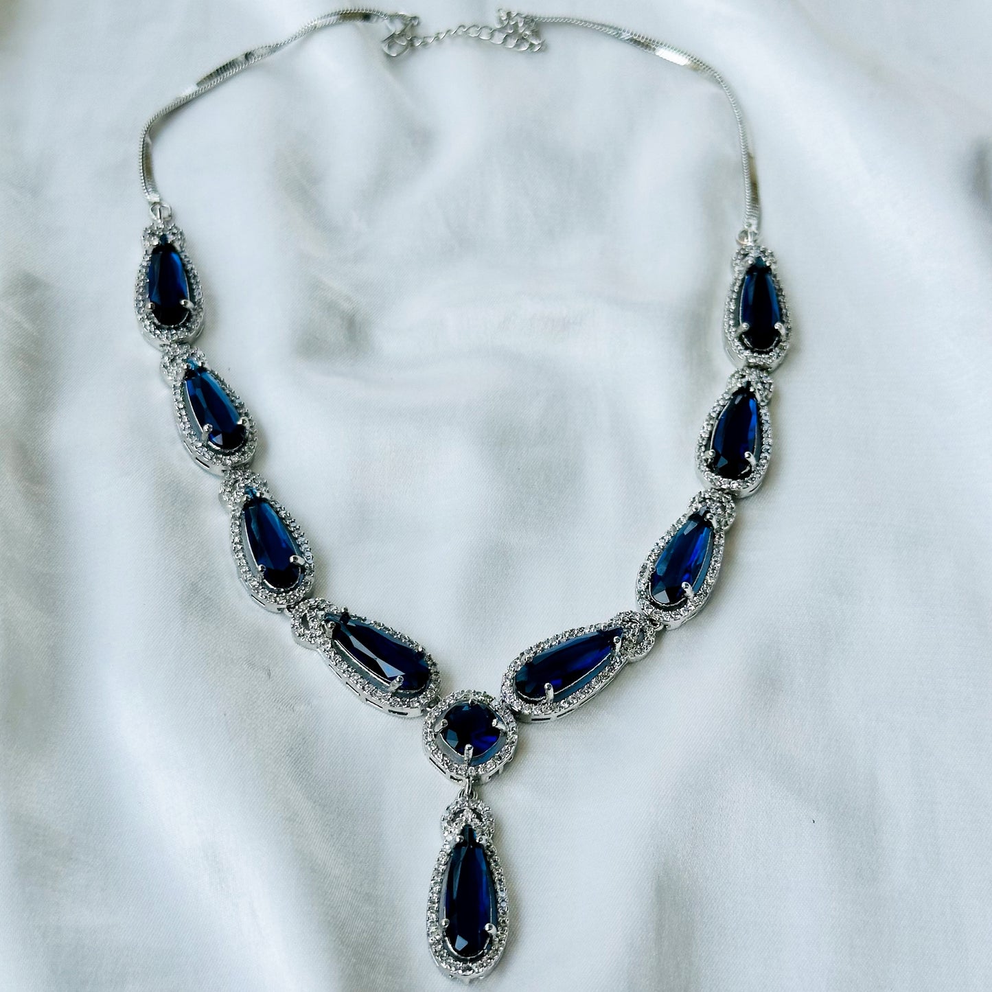 Blue Sapphire Cubic Zircon Stone American Diamond Silver Plated Necklace Set