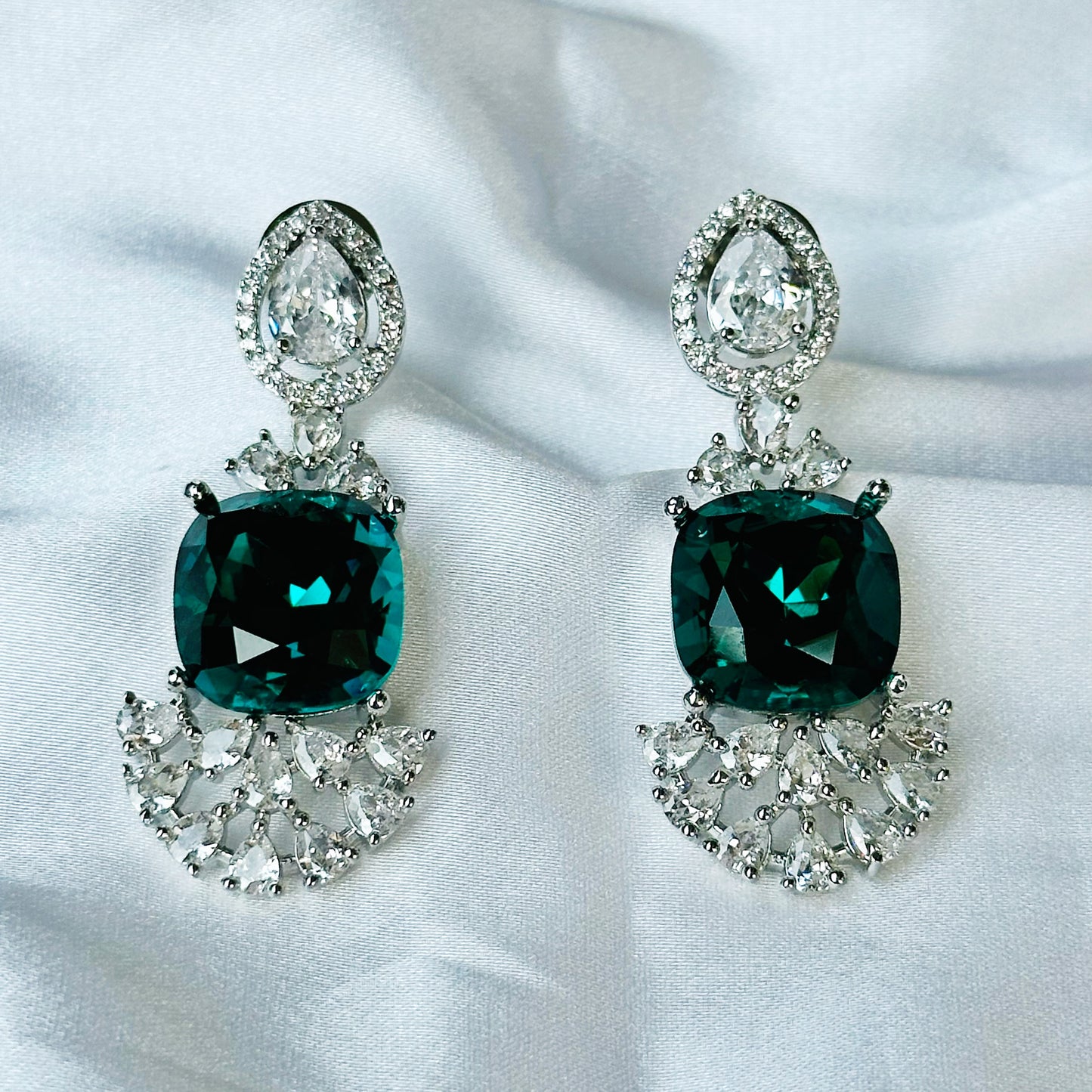 Green Emerald Green Swarovski Crystal American Diamond Silver Plated Earrings
