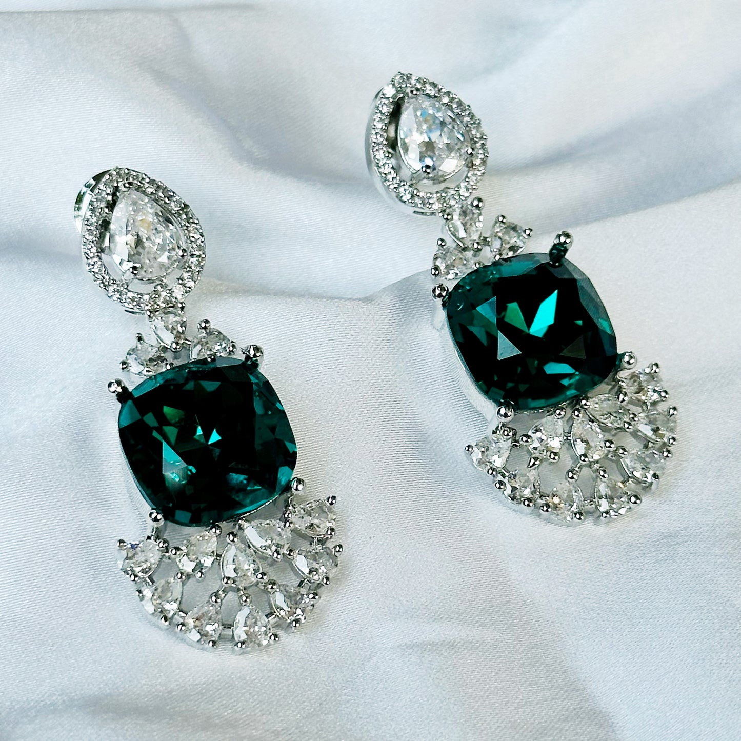 Green Emerald Green Swarovski Crystal American Diamond Silver Plated Earrings