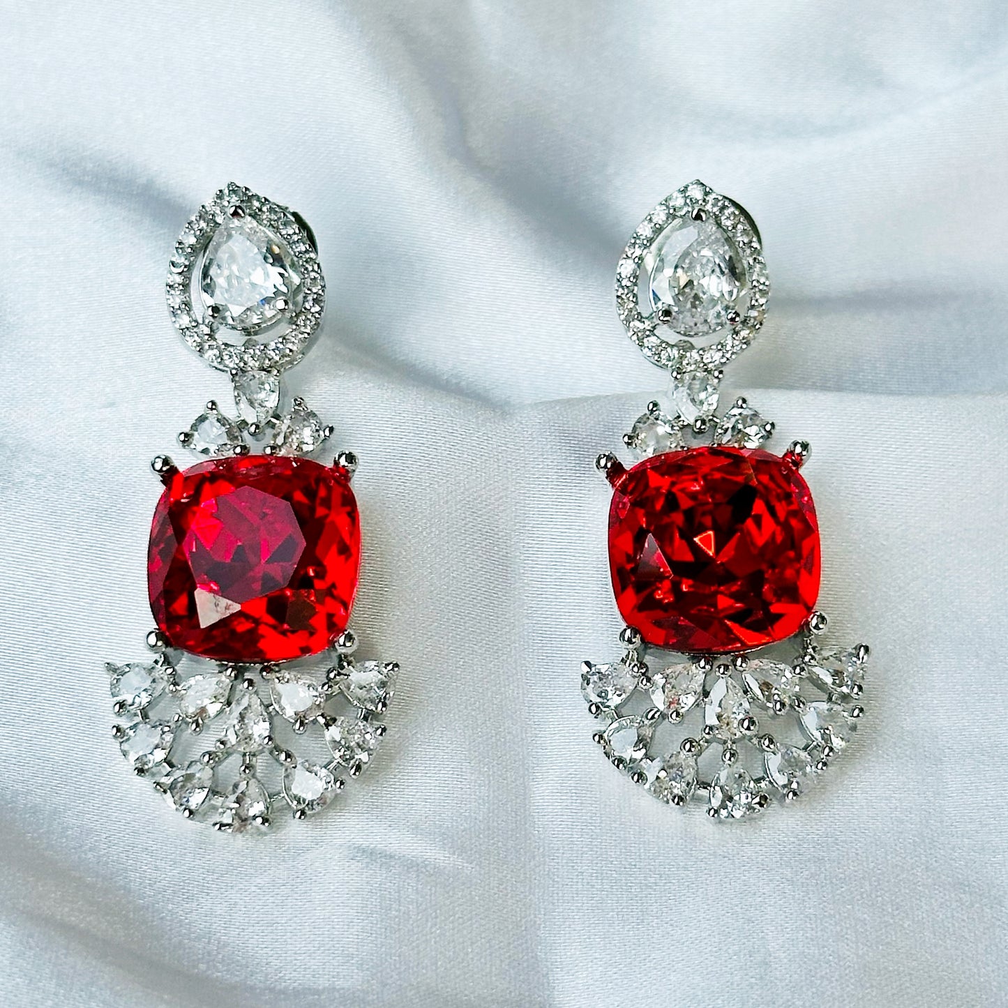 Red Siam Swarovski Crystal American Diamond Silver Plated Earrings