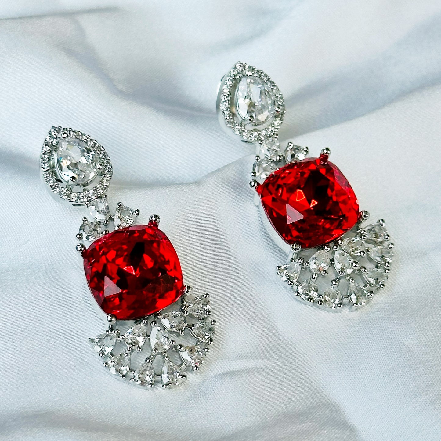 Red Siam Swarovski Crystal American Diamond Silver Plated Earrings