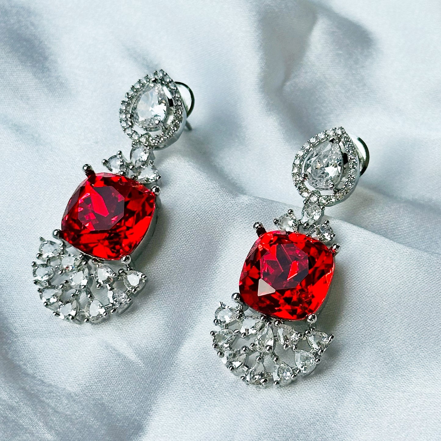 Red Siam Swarovski Crystal American Diamond Silver Plated Earrings