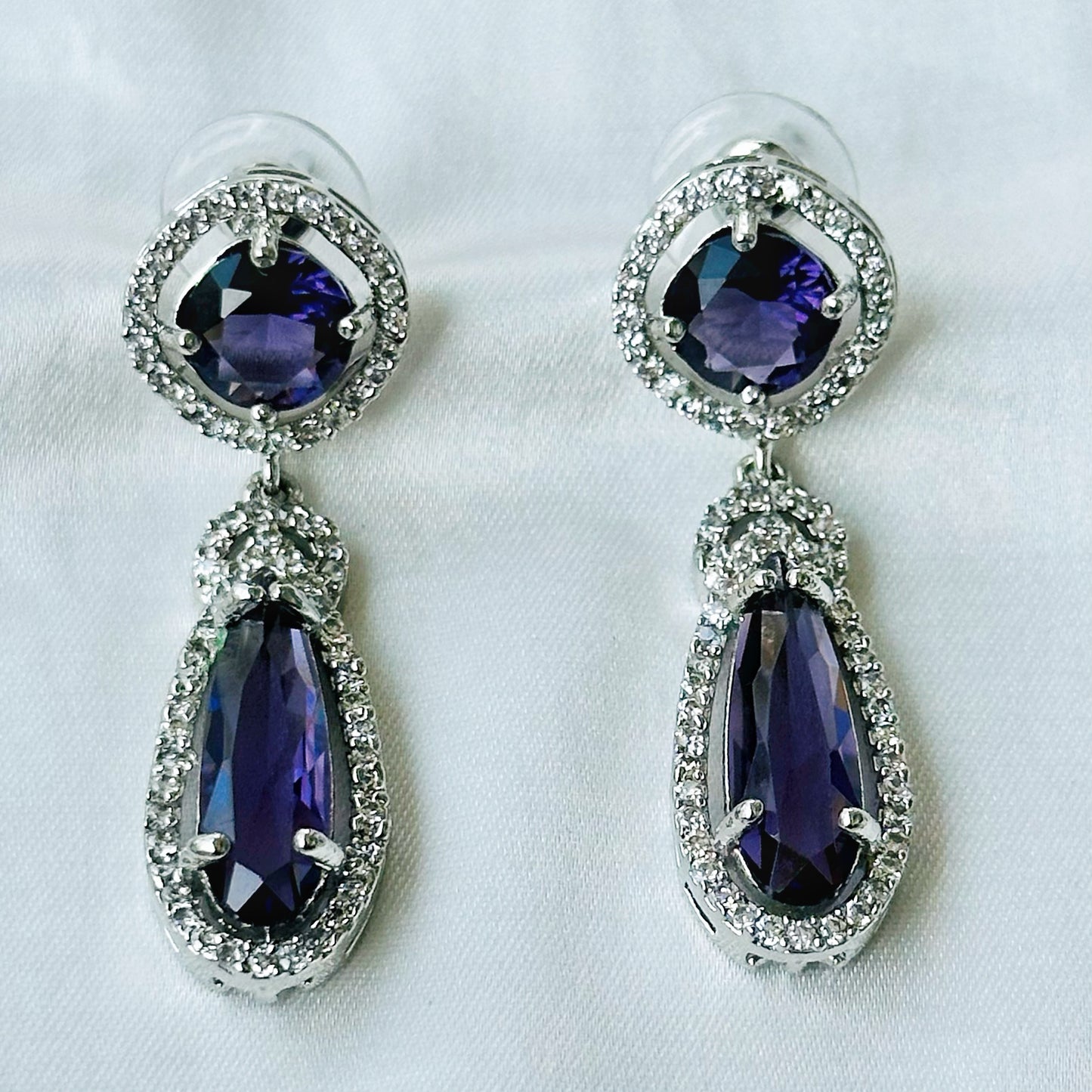 Deep Purple Amethyst Cubic Zircon Stone American Diamond Silver Plated Necklace Set