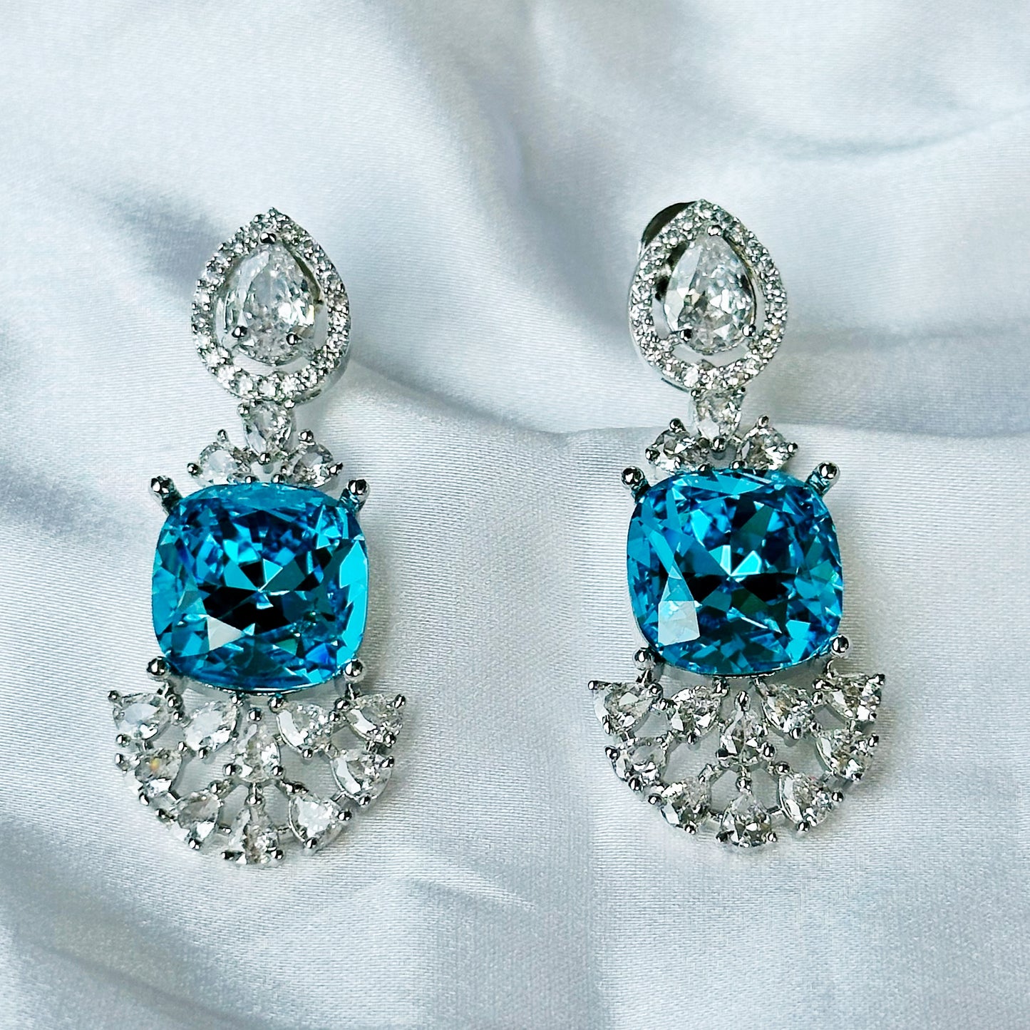 Aqua Blue Indicolite Swarovski Crystal American Diamond Silver Plated Earrings