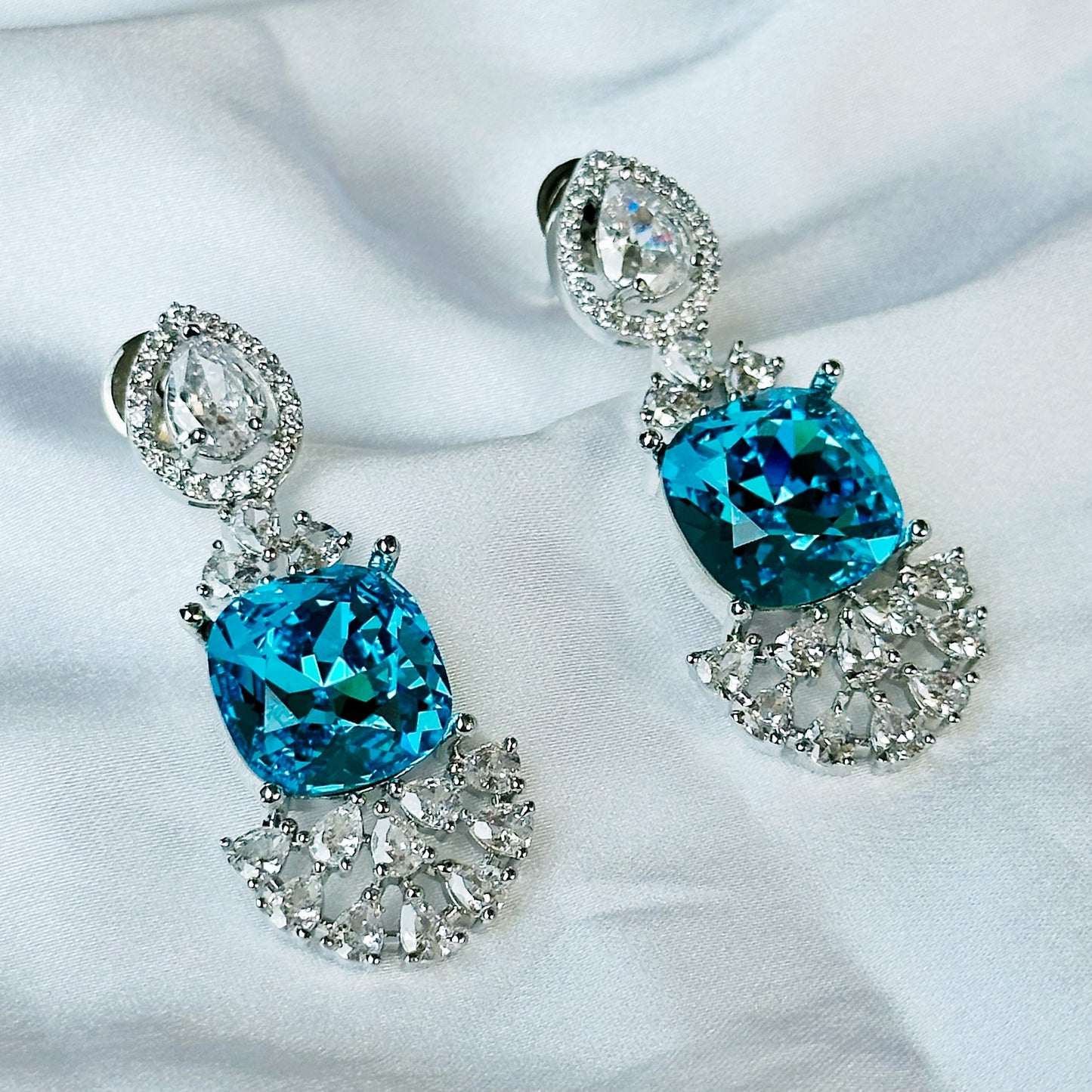 Aqua Blue Indicolite Swarovski Crystal American Diamond Silver Plated Earrings