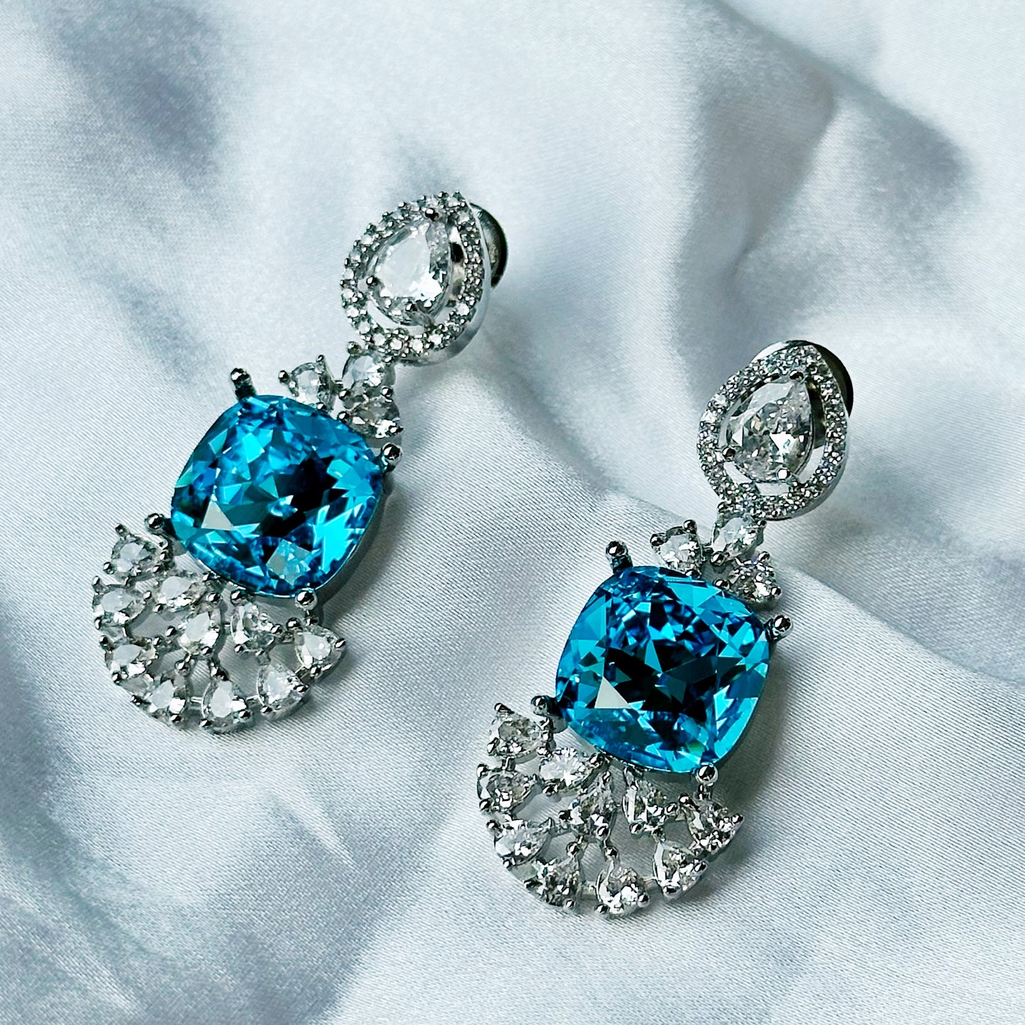 Aqua Blue Indicolite Swarovski Crystal American Diamond Silver Plated Earrings