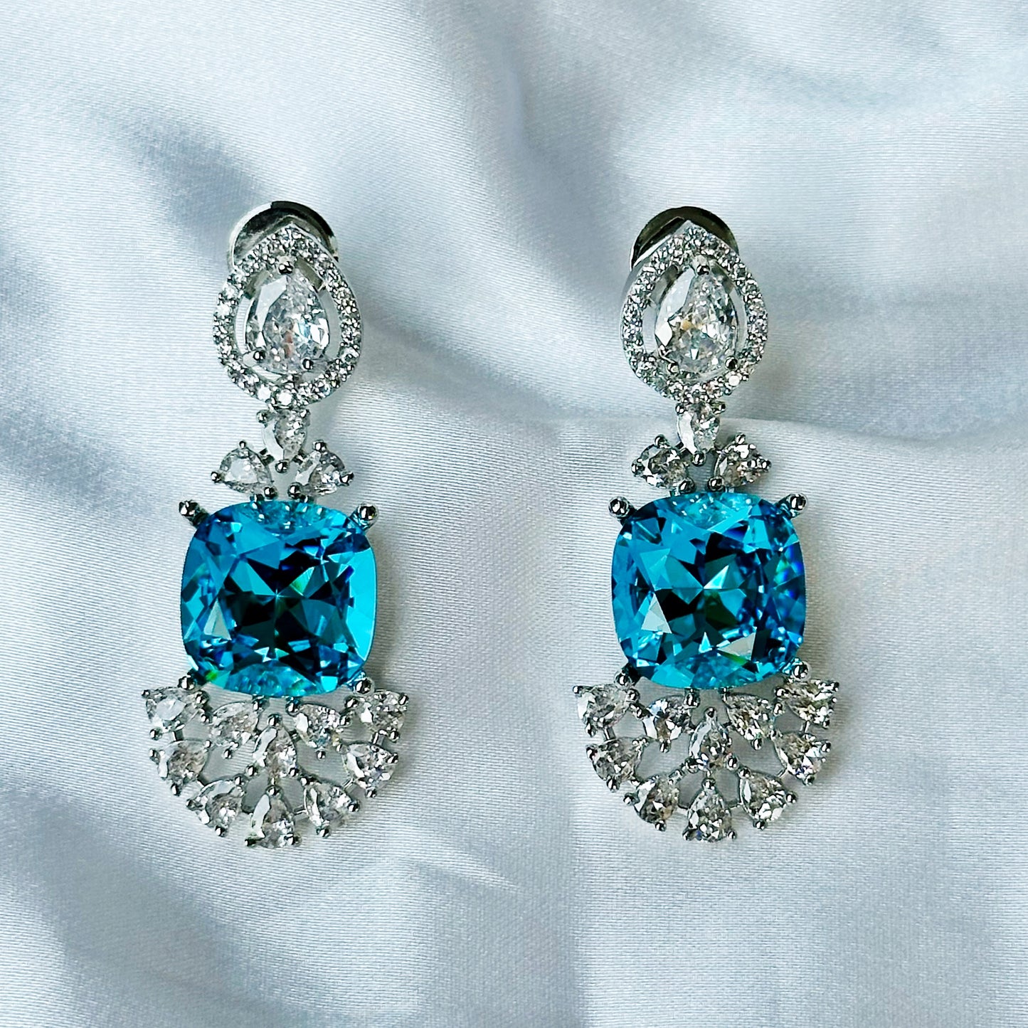 Aqua Blue Indicolite Swarovski Crystal American Diamond Silver Plated Earrings