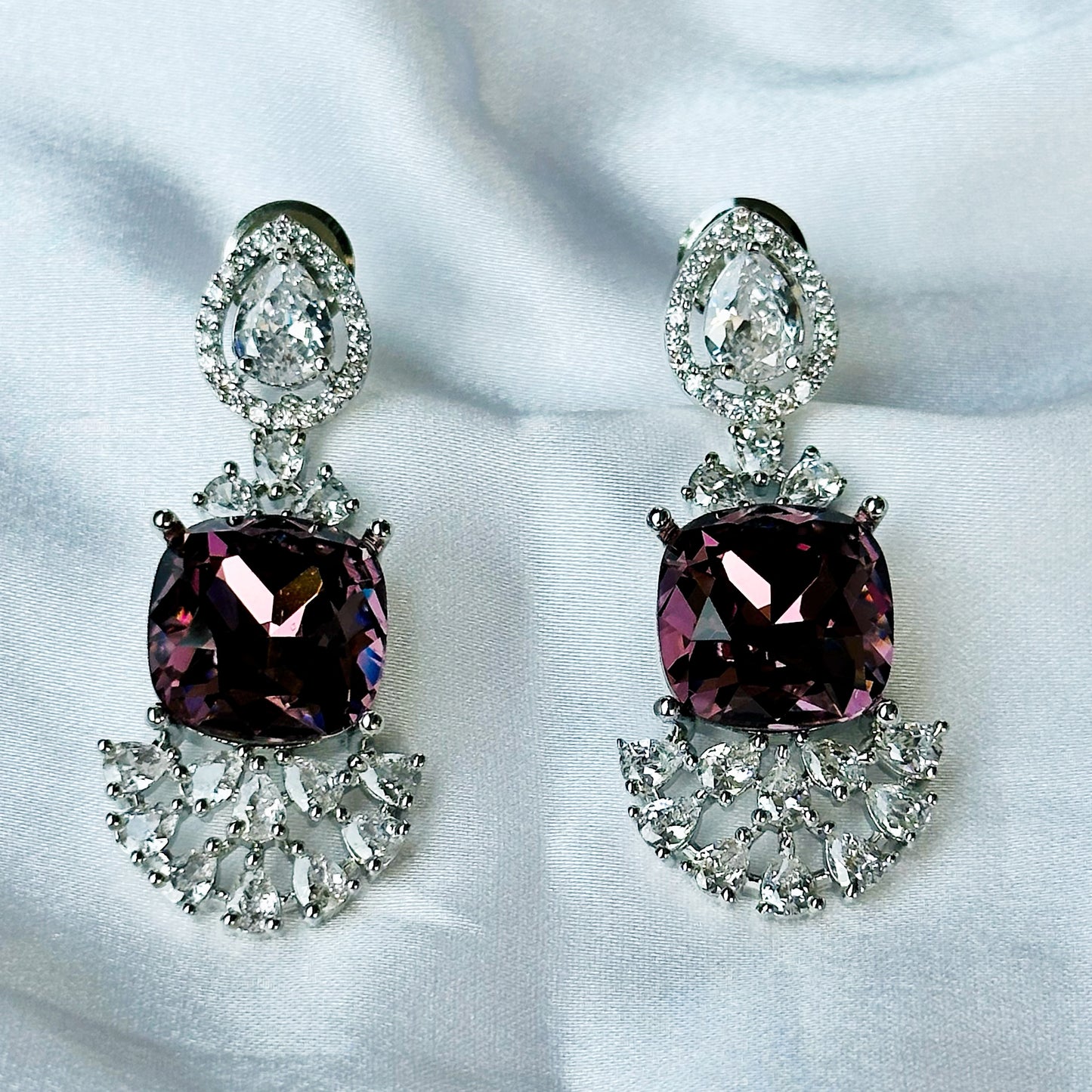 Deep Purple Amethyst Swarovski Crystal American Diamond Silver Plated Earrings