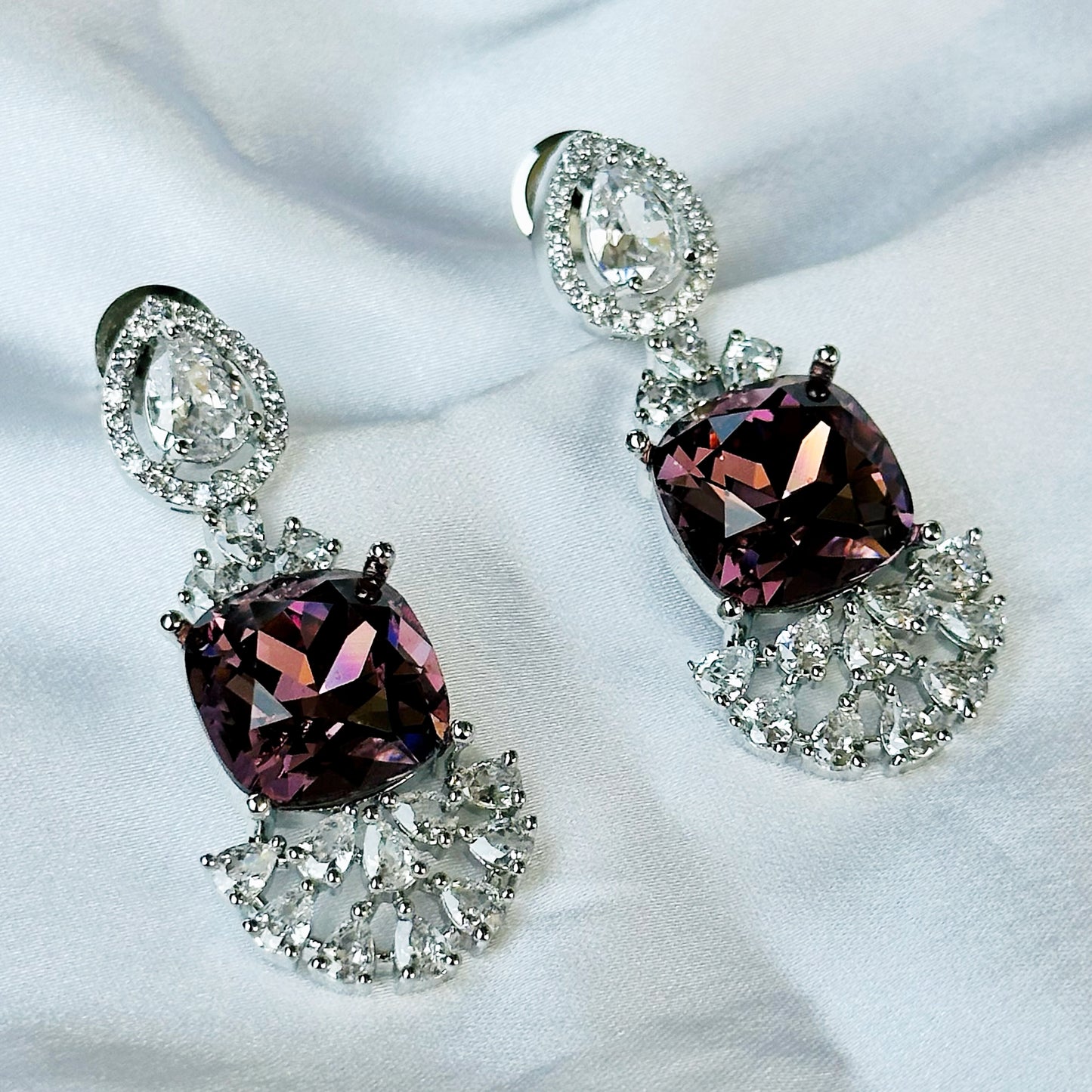 Deep Purple Amethyst Swarovski Crystal American Diamond Silver Plated Earrings