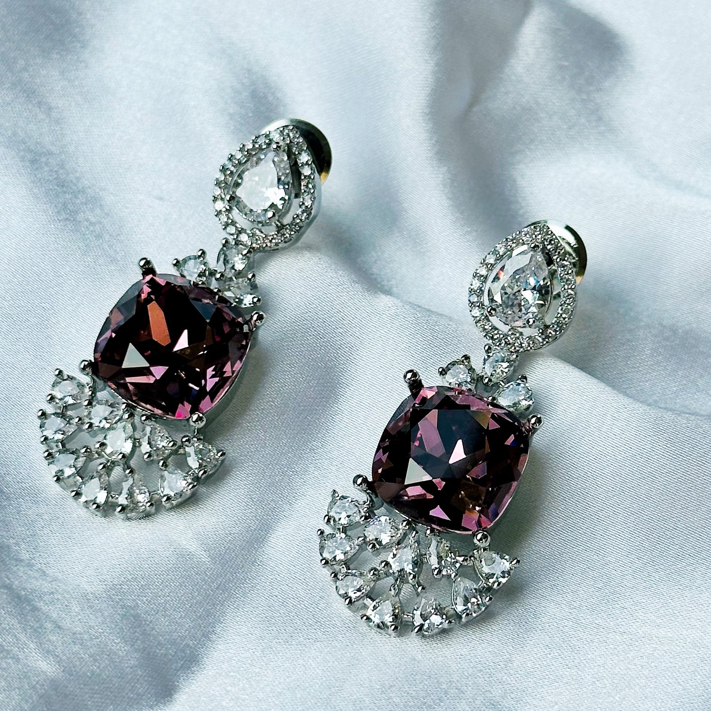 Deep Purple Amethyst Swarovski Crystal American Diamond Silver Plated Earrings