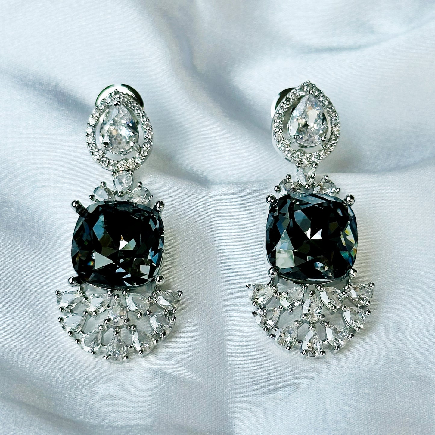 Black Morion Swarovski Crystal American Diamond Silver Plated Earrings