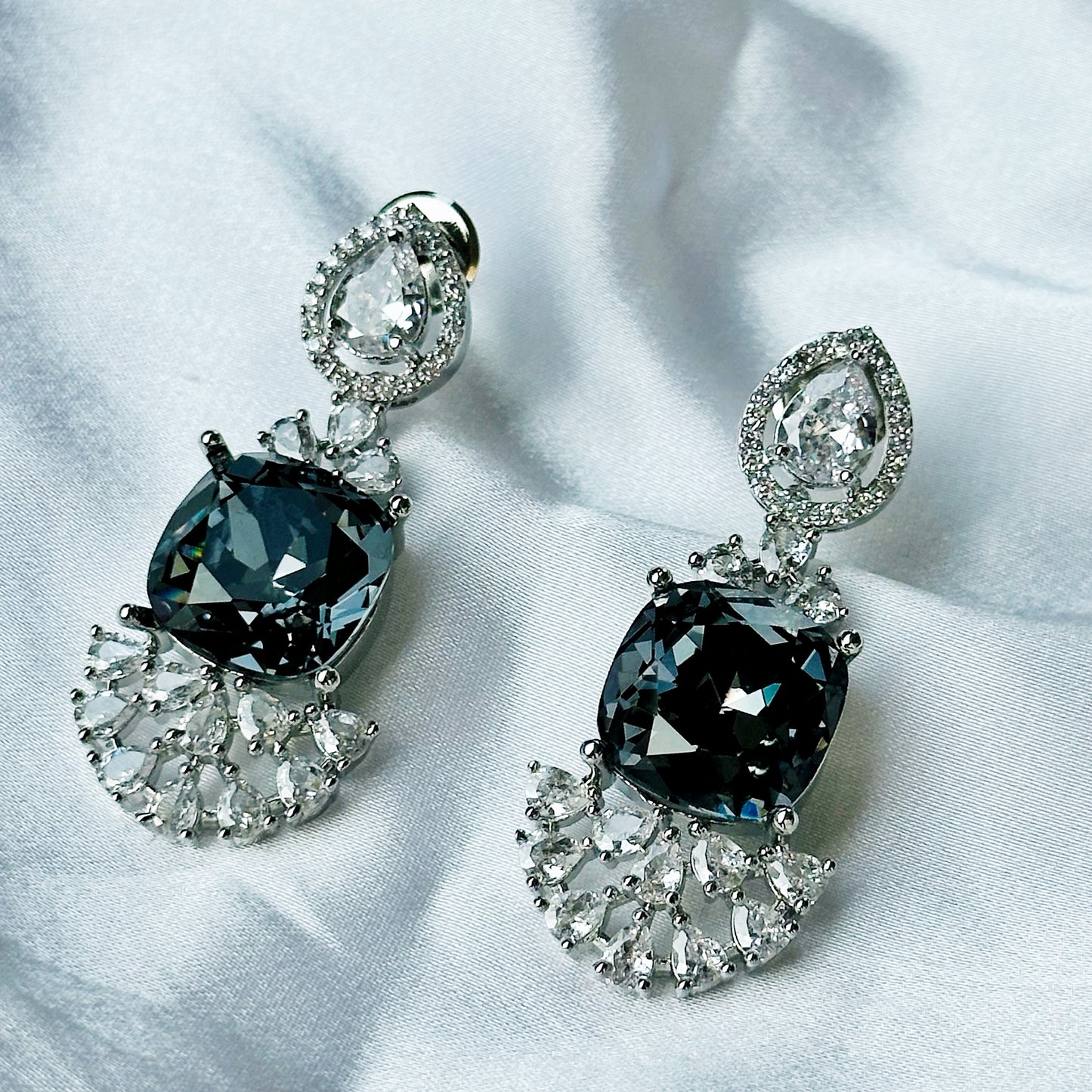 Black Morion Swarovski Crystal American Diamond Silver Plated Earrings