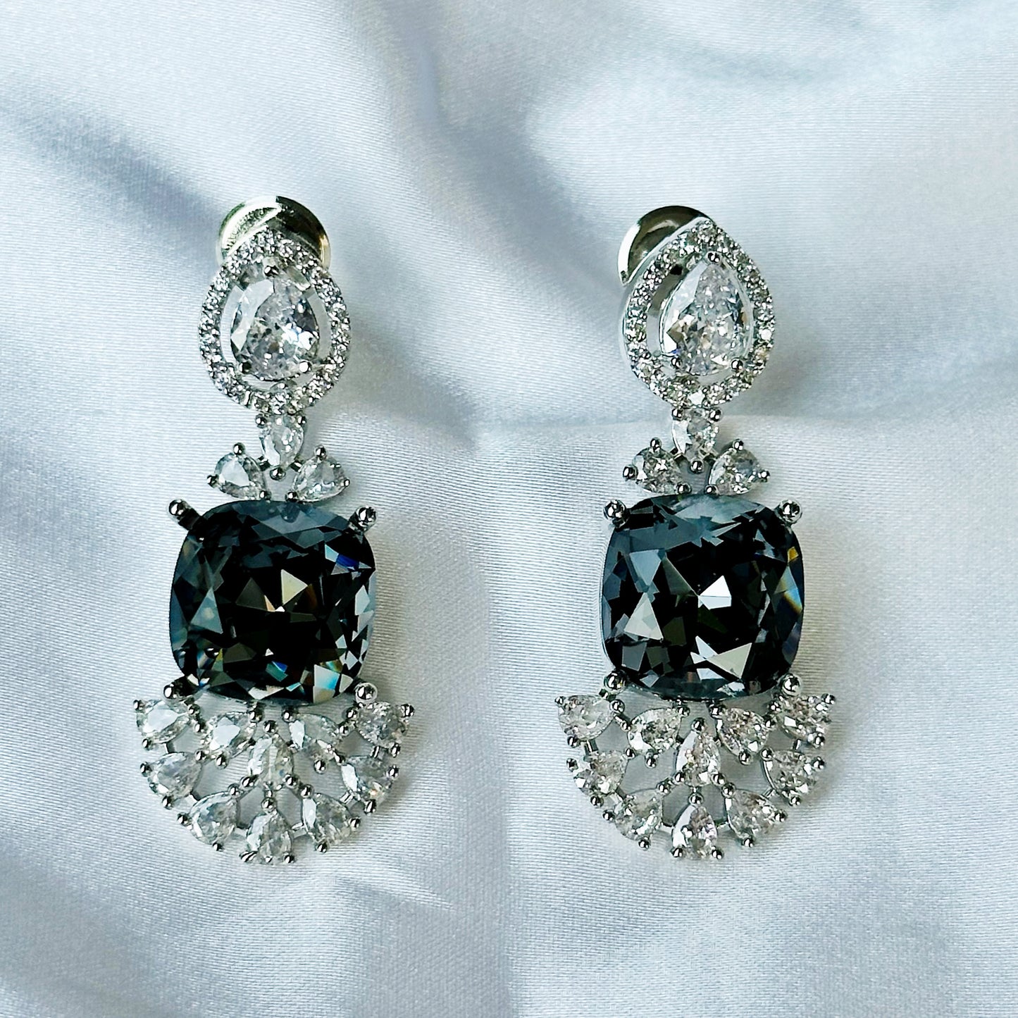 Black Morion Swarovski Crystal American Diamond Silver Plated Earrings
