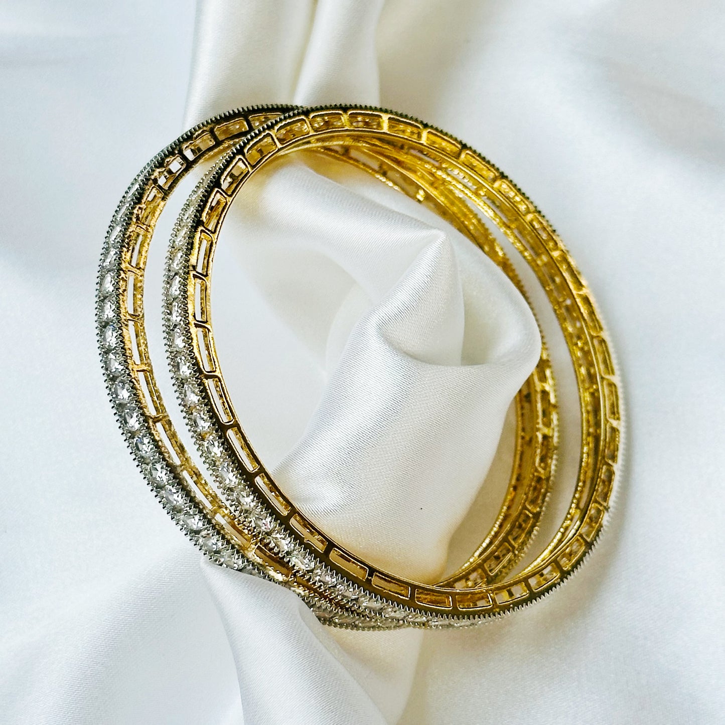 Solitaire Cubic Zirconia American Diamond Gold Plated Bangles, Set of 2