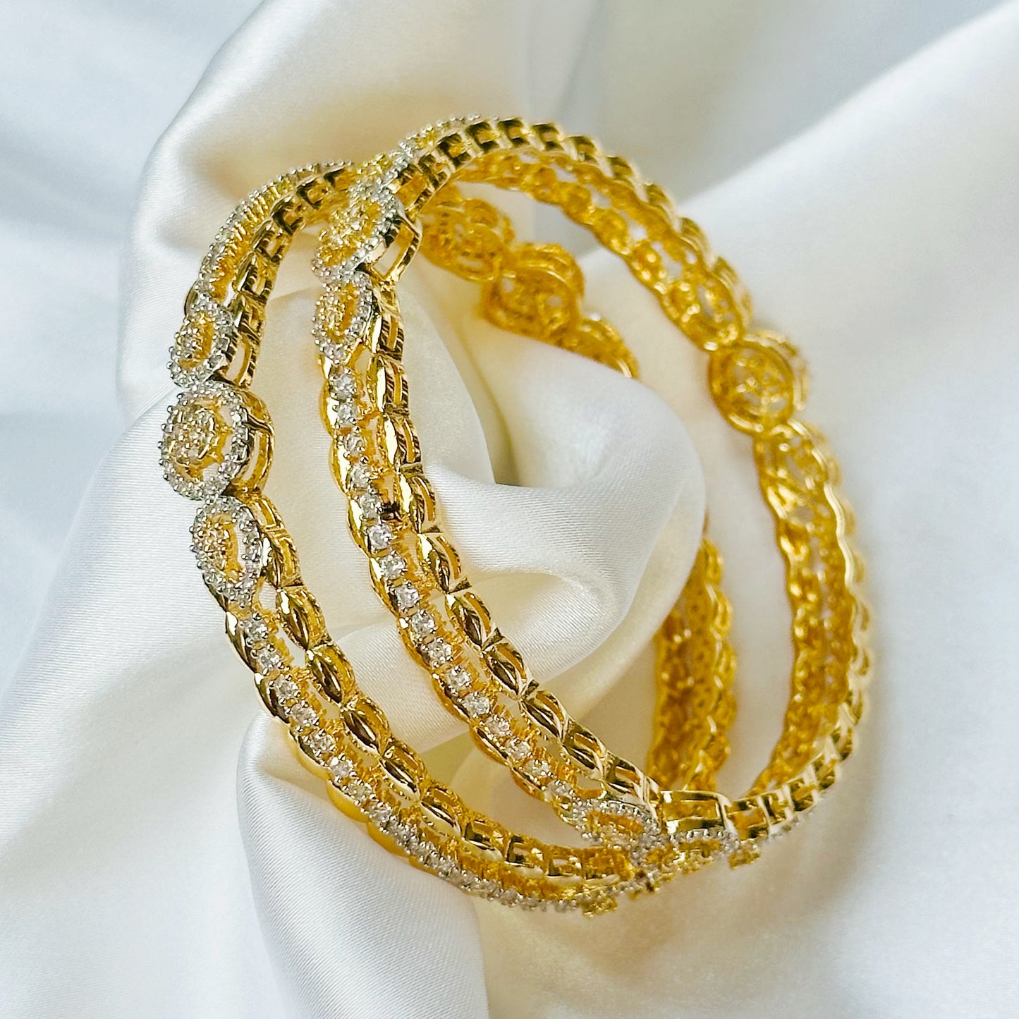 Solitaire Cubic Zirconia American Diamond Gold Plated Bangles, Set of 2