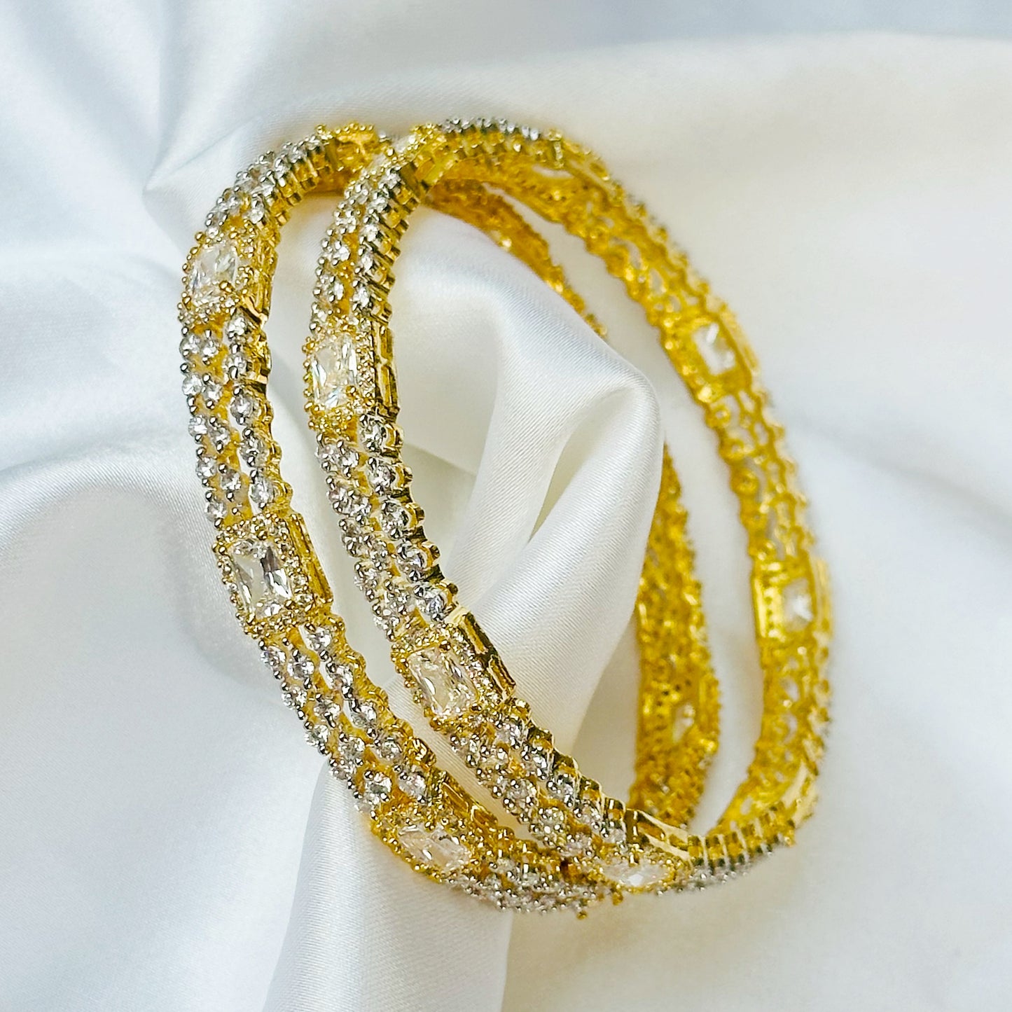 Solitaire Cubic Zirconia American Diamond Gold Plated Bangles, Set of 2