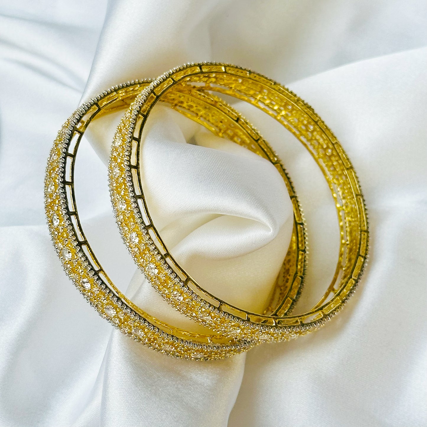 Solitaire Cubic Zirconia American Diamond Gold Plated Bangles, Set of 2