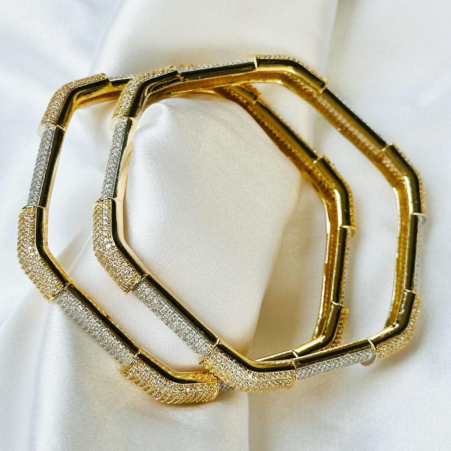 Solitaire Cubic Zirconia American Diamond Gold Plated Bangles, Set of 2