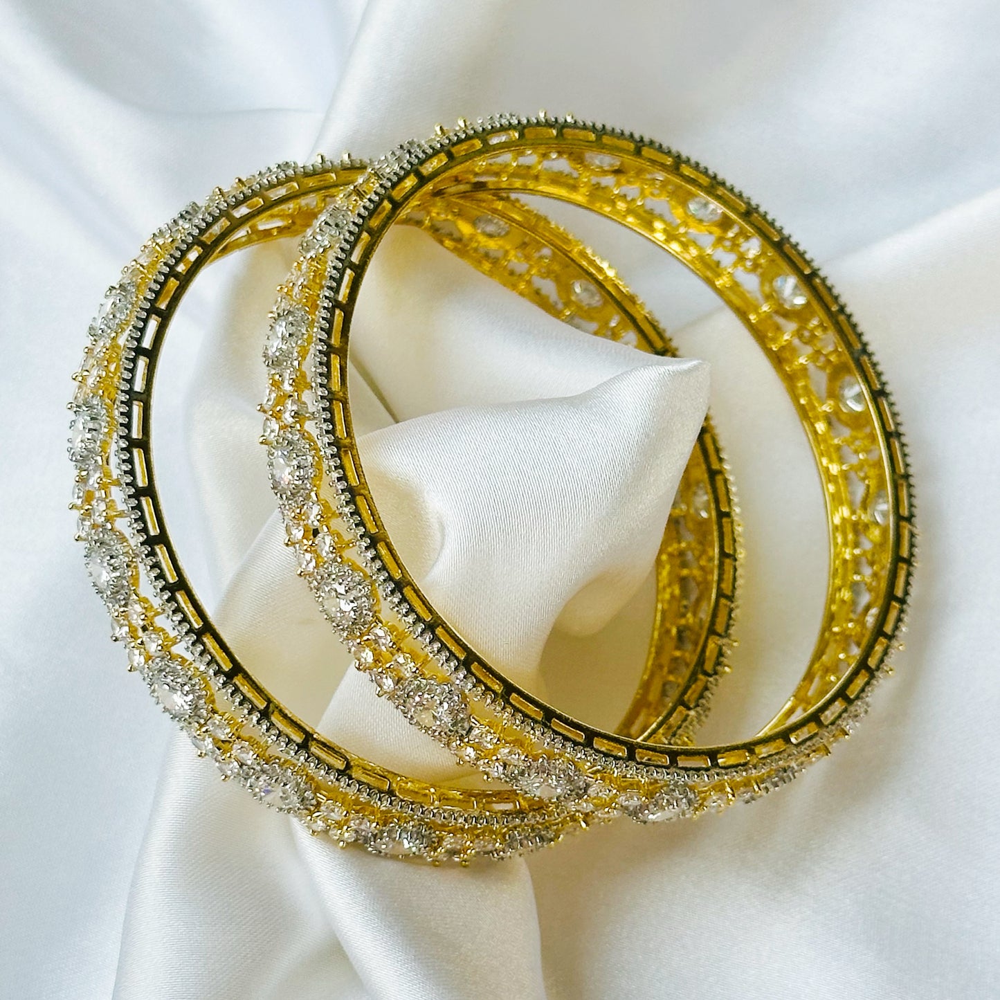 Solitaire Cubic Zirconia American Diamond Gold Plated Bangles, Set of 2