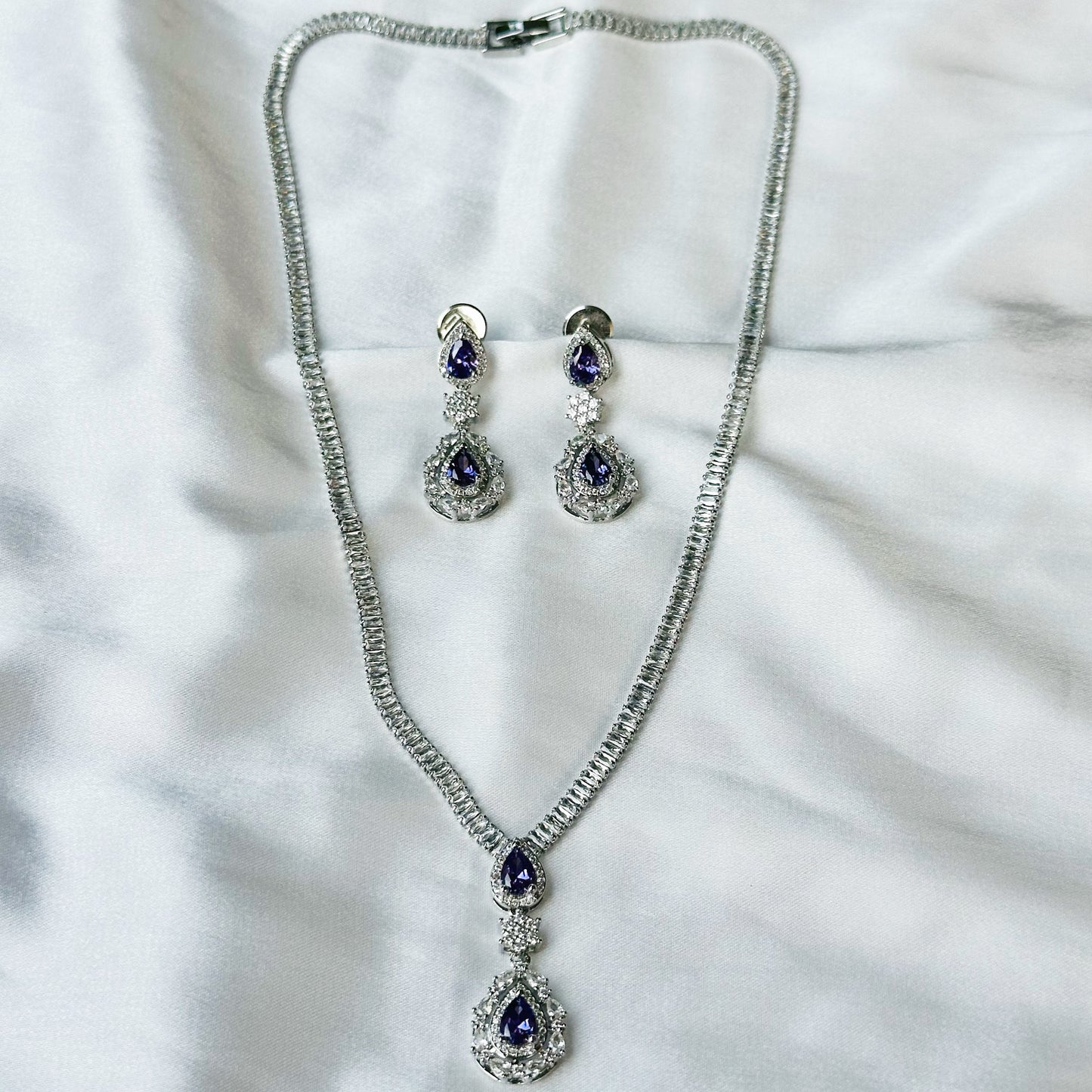 Light Purple Amethyst Cubic Zircon American Diamond Silver Plated Necklace Set