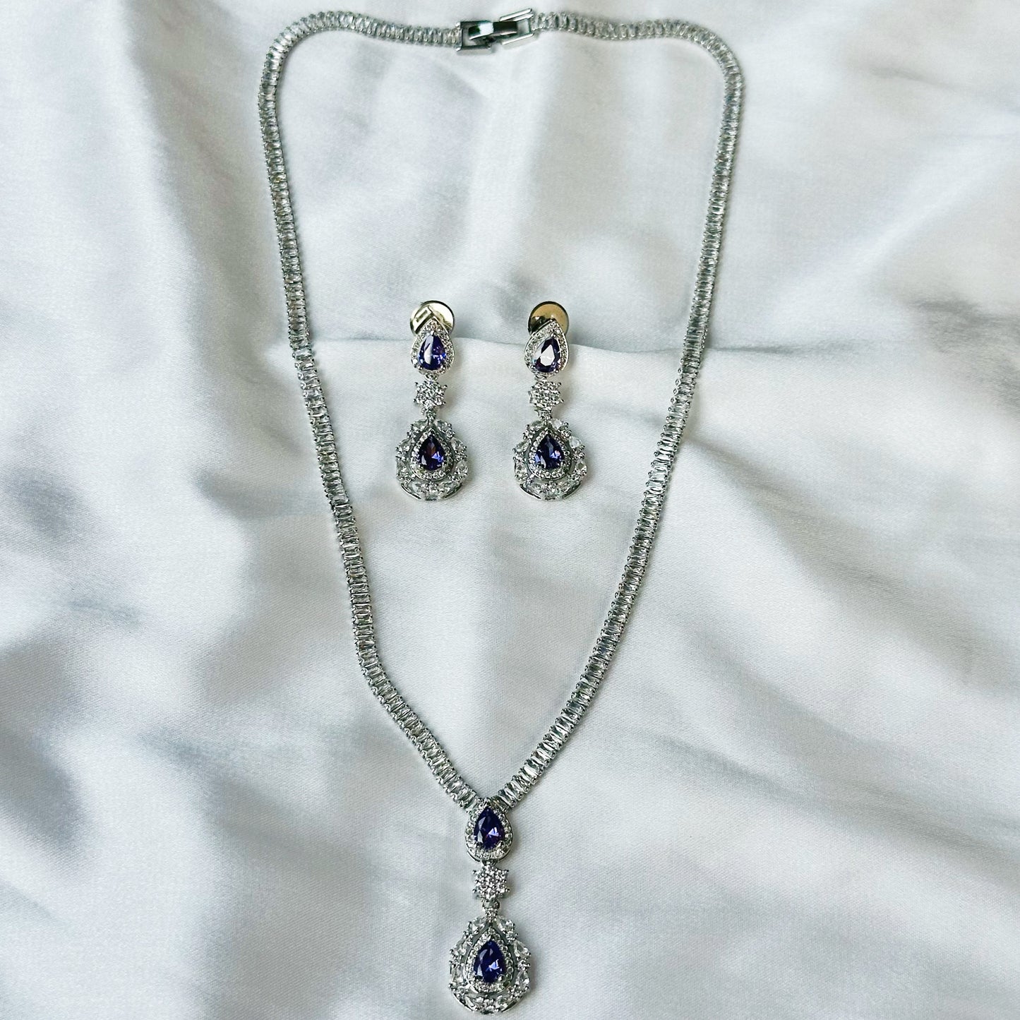 Light Purple Amethyst Cubic Zircon American Diamond Silver Plated Necklace Set