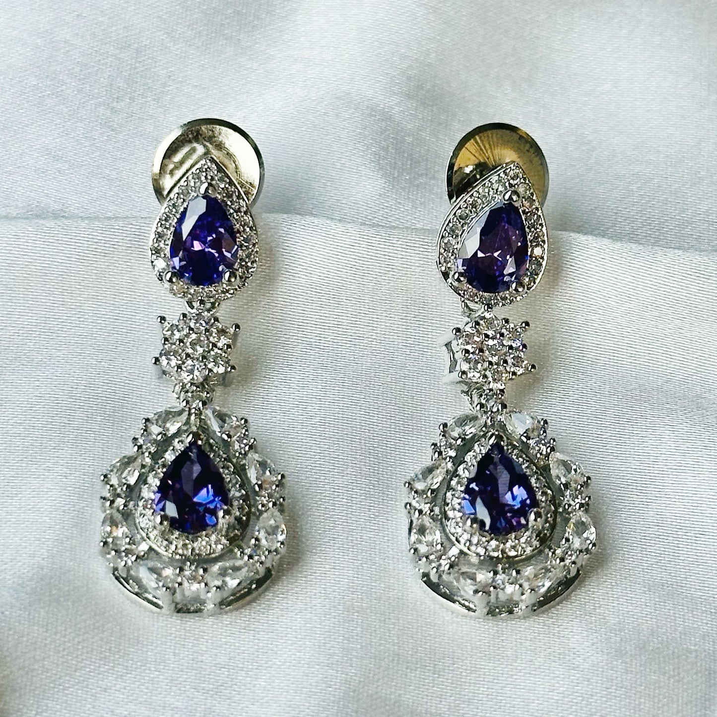 Light Purple Amethyst Cubic Zircon American Diamond Silver Plated Necklace Set